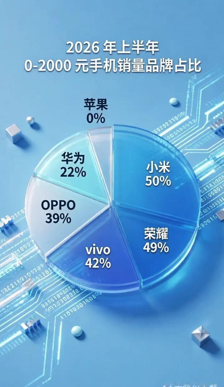 今年上半年，0-2K手机销量在品牌中占比。品牌     占比小米     50%