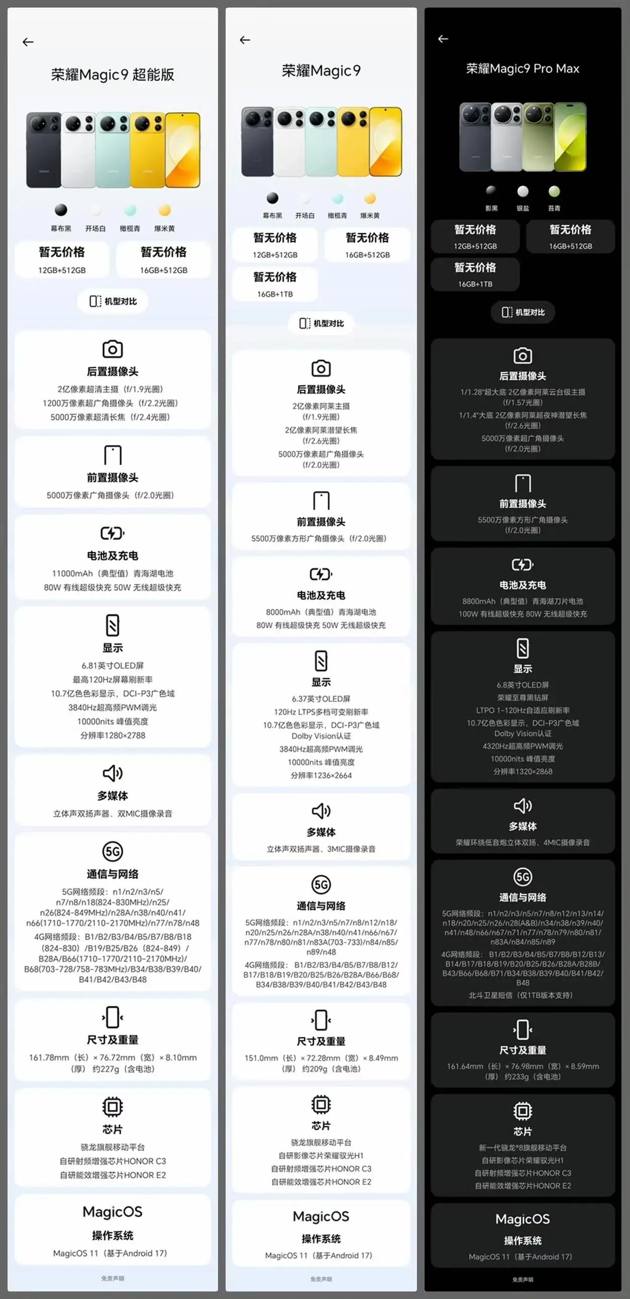 荣耀Magic9全系参数对比来了🔥
超能版、标准版、Pro Max三款配置一目
