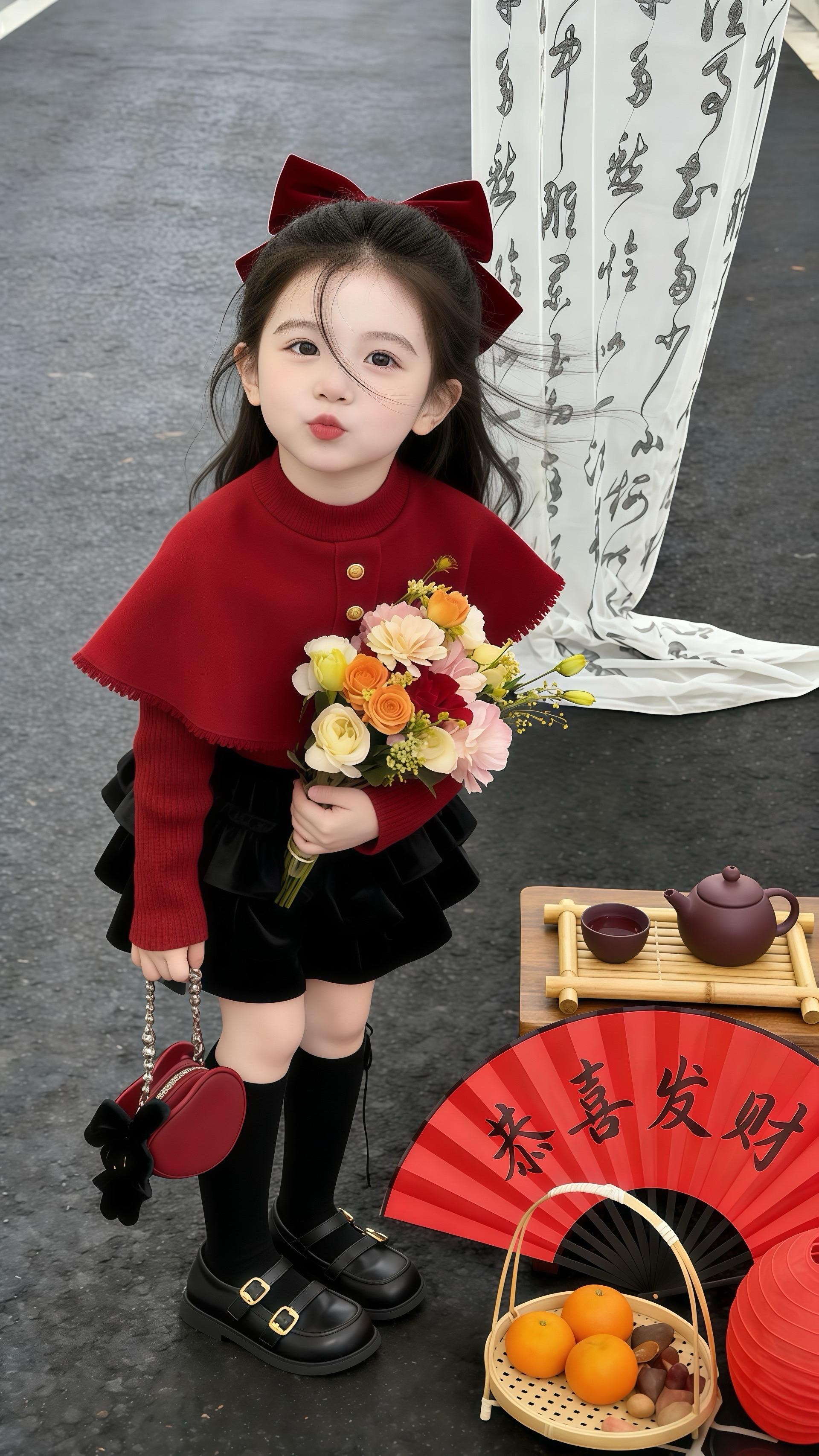 必入的新年童装！酒红斗篷+黑蓬蓬裙的组合，针织面料软糯亲肤，斗篷的纽扣...