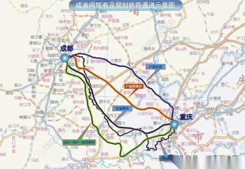 成渝之间到底修多少条高铁才罢休？从铁路来看，七拐八拐的至少有六七条了。但比较直接