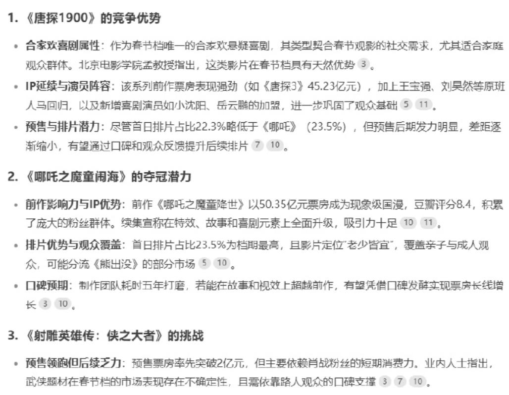 DeepSeek预测2025年春节档各大电影最终票房！

DeepSeek给出的
