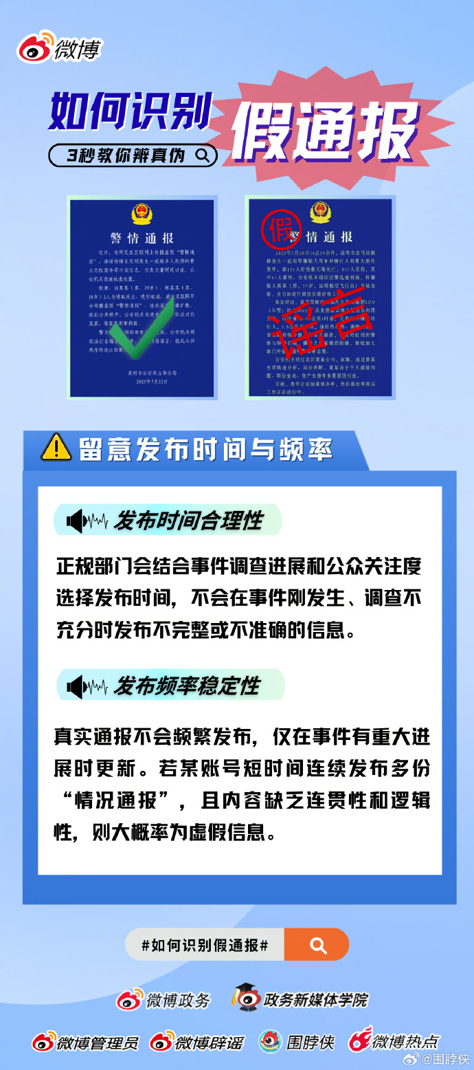 【#教你如何识别假通报#】近期，多起伪造蓝底白字警情通报的网络谣言事件引发社会关