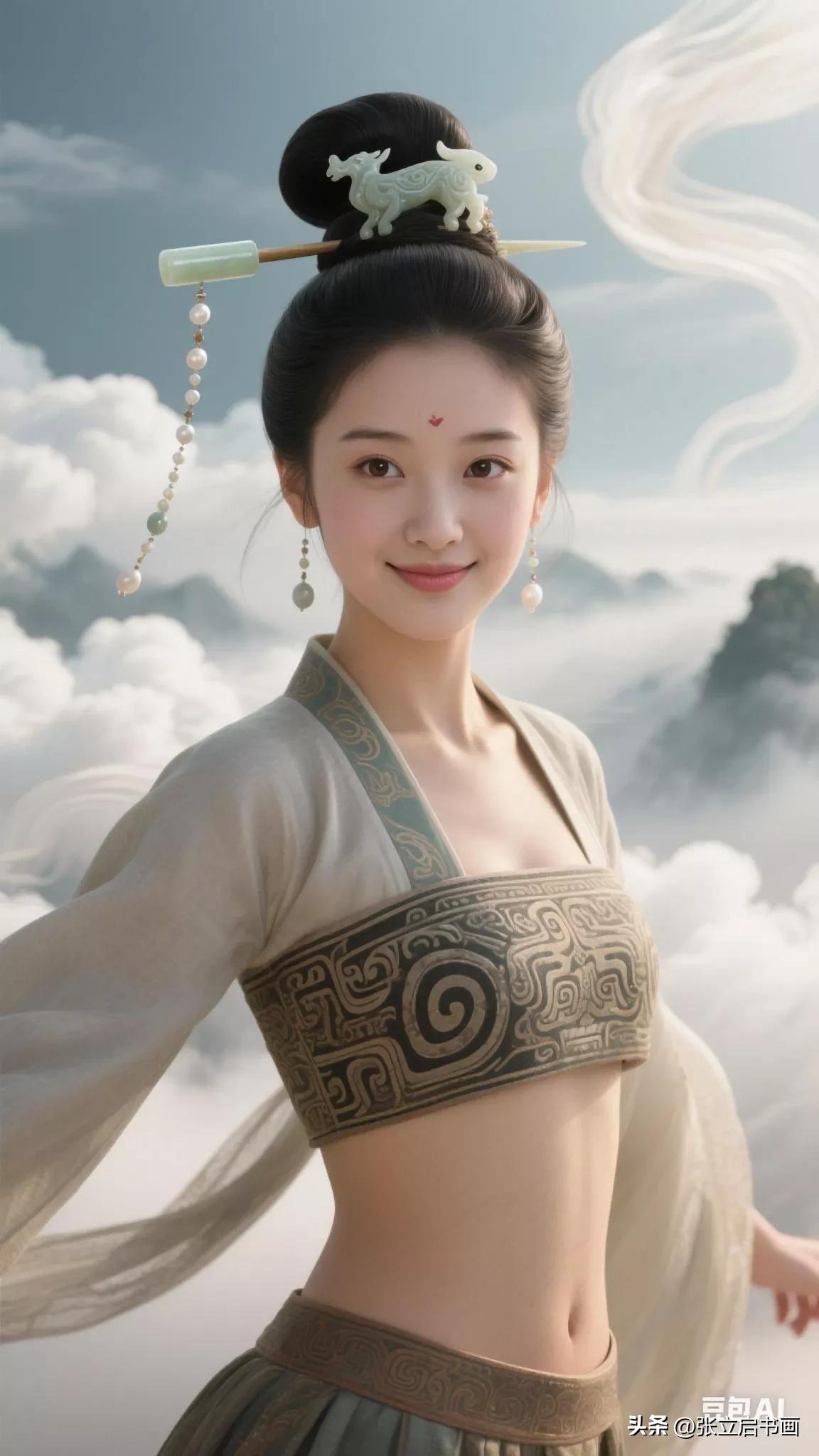 仙气飘飘的汉服美人，云雾缭绕的梦幻背景，美得令人窒息！张立启原创书画AI作品古仕