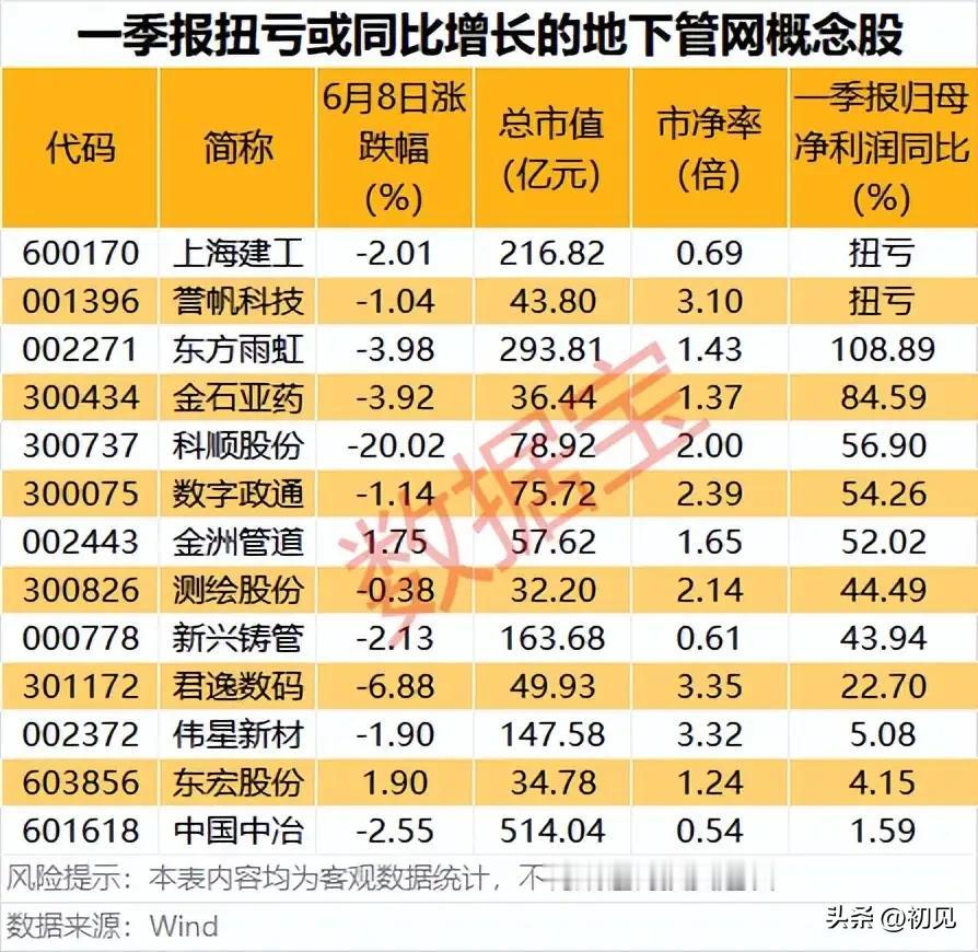 地下管网一季报全线回暖：14家企业扭亏大增，估值分化悬殊！
 
6月8日大盘整体
