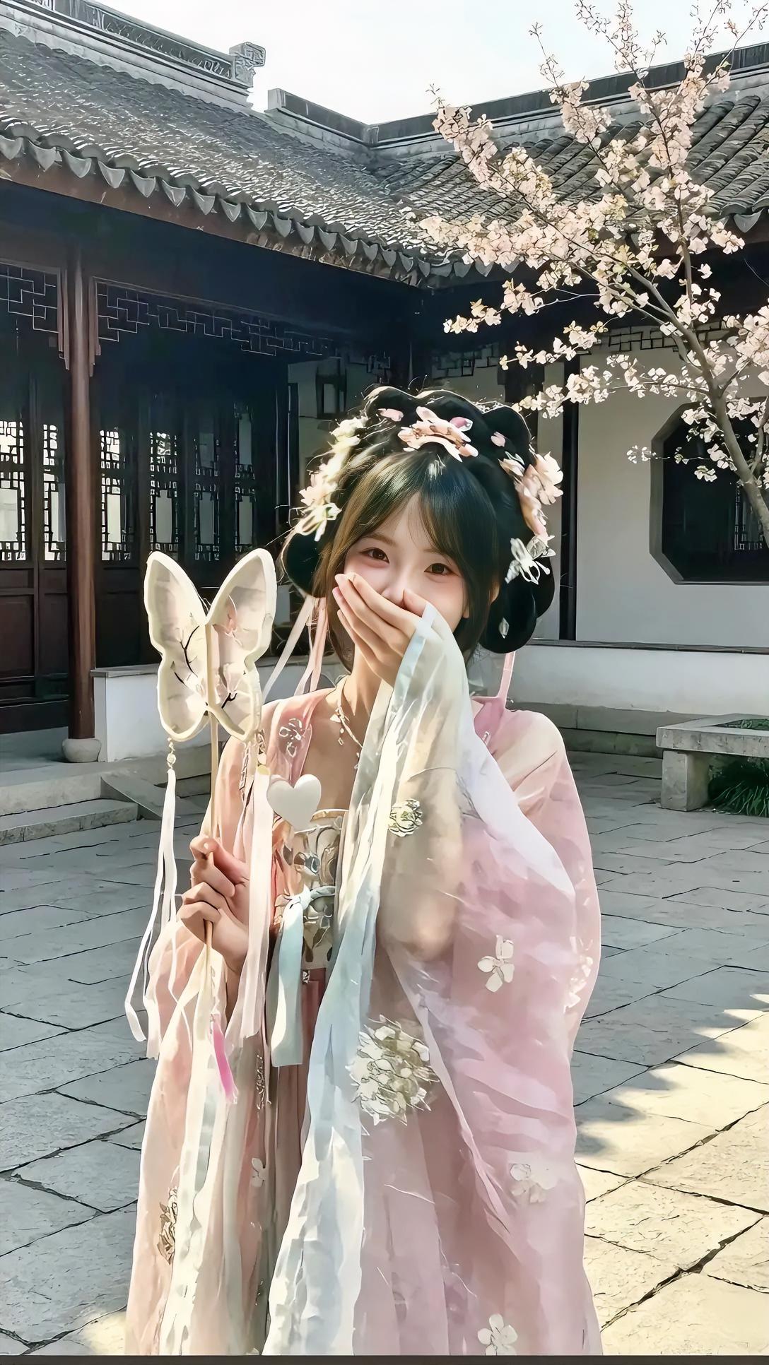 误入江南古庭院，檐角青瓦映着满枝繁花，一身浅粉汉服温柔得恰到好处。精致发簪衬得眉