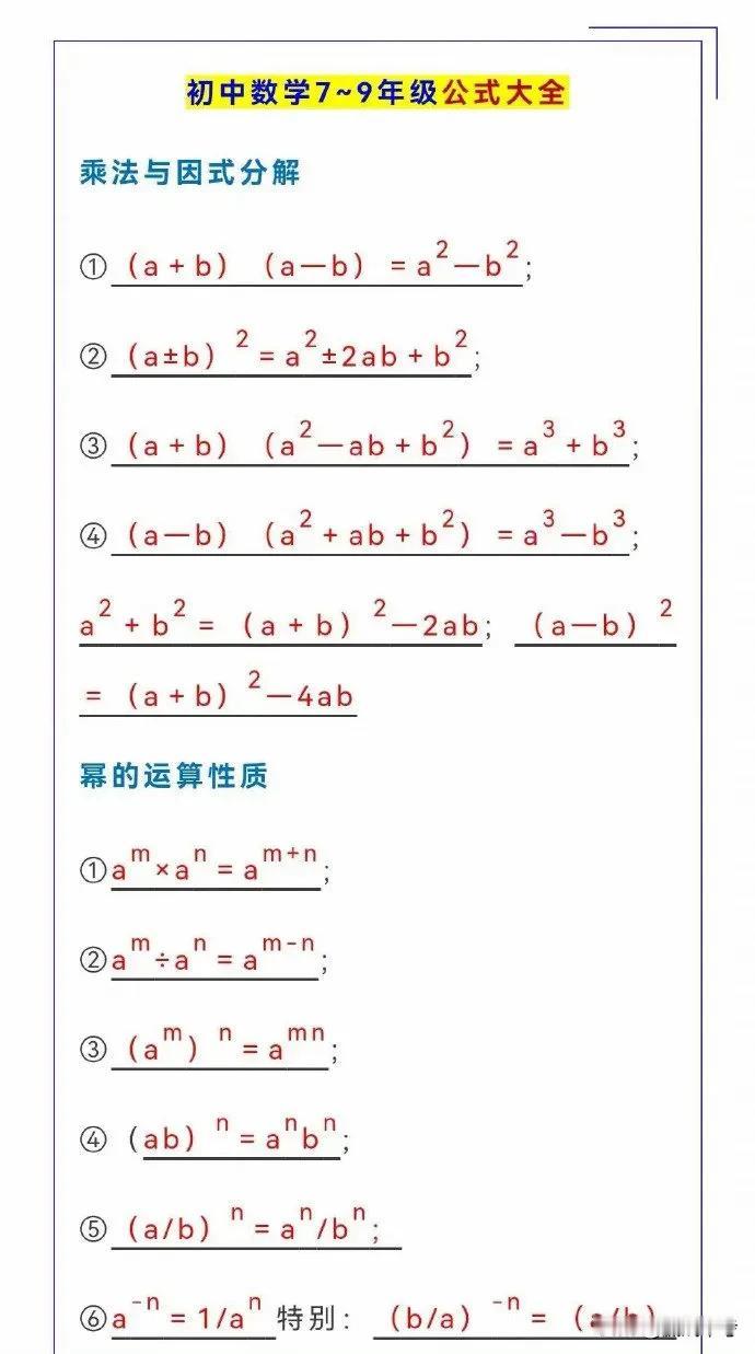 初中数学7~9年级必备公式大全！
一本【初中数学专项】