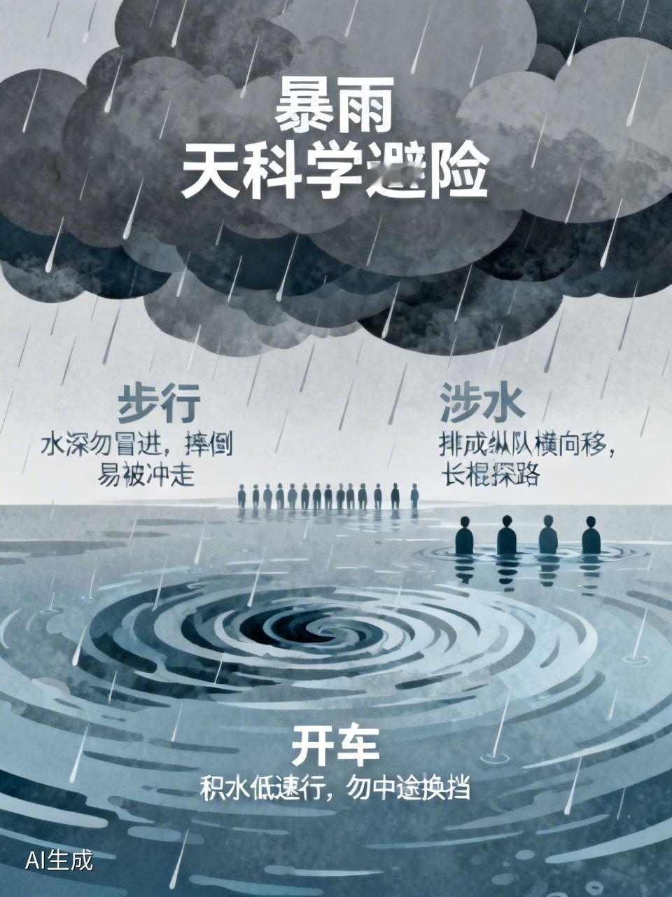 暴雨天该如何科学避险? 暴雨天避险可有不少讲究。步行时，要是路面水很深，可别冒失