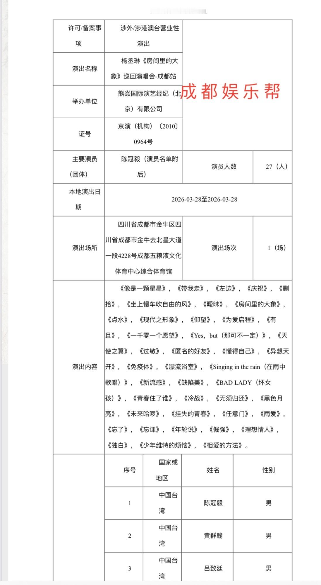 杨丞琳成都演唱会定档 杨丞琳《房间里的大象》巡回演唱会成都站定档，03/28日，