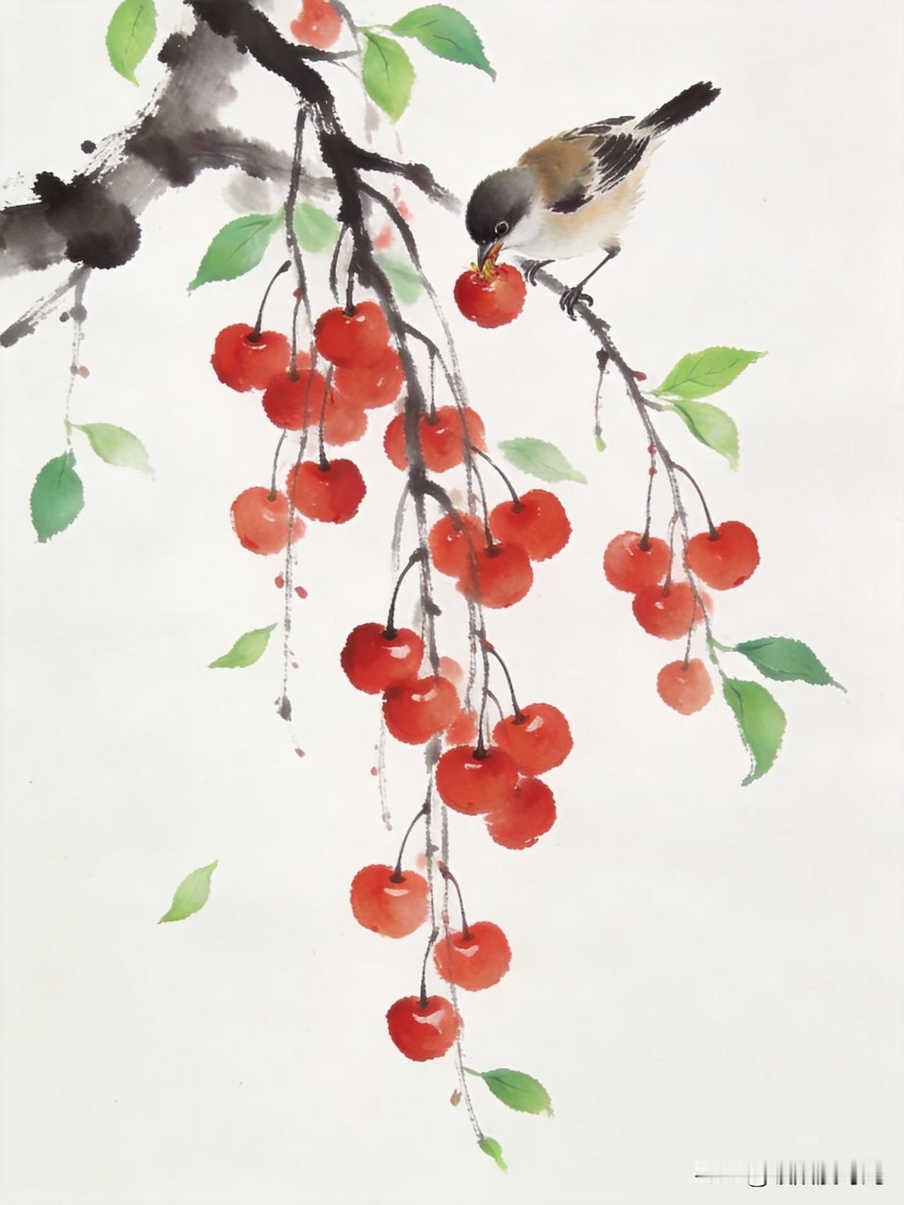 红樱缀枝间，雀鸟衔来满枝甜意。
小柿水墨樱桃与鸟插画分享
樱桃鸟 国画樱桃山雀