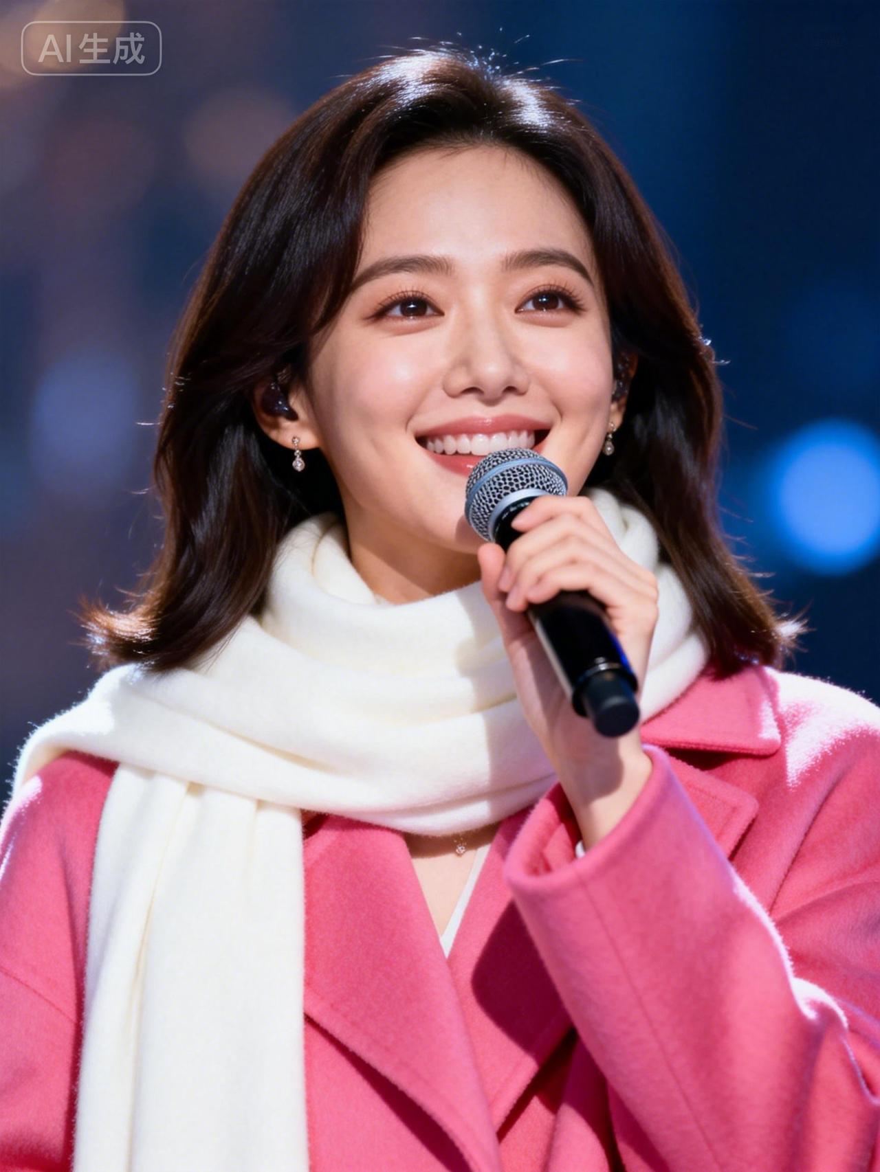 甜美歌声，粉色外套，白色围巾，舞台上的她闪闪发光！🎤✨