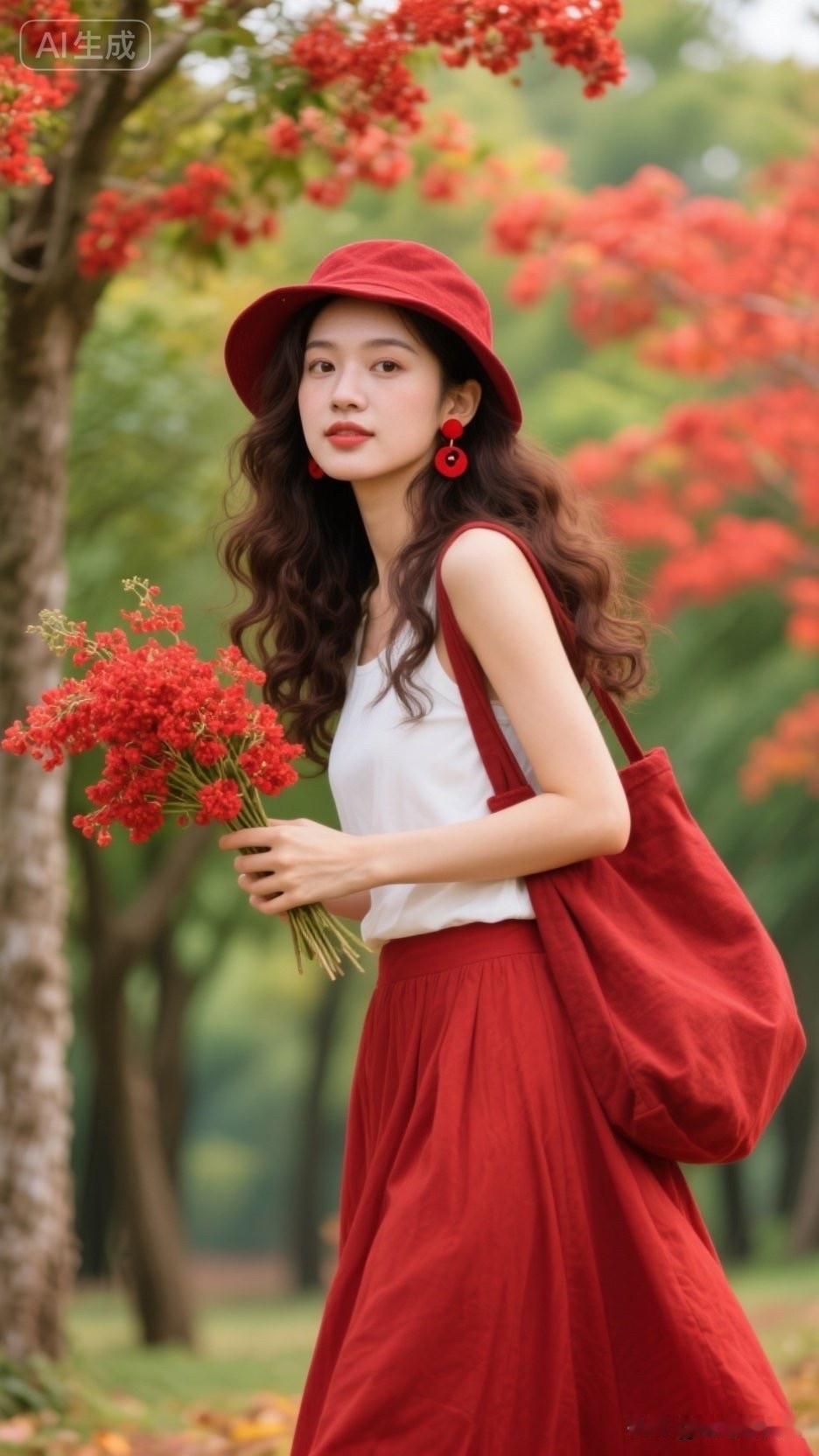 秋日漫步，红裙飘逸，花束相伴，尽享自然之美。