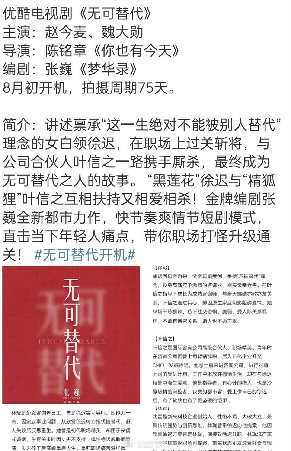 电视剧无可替代开通官博赵今麦、魏大勋主演的电视剧《无可替代》终于要来了，新剧的官