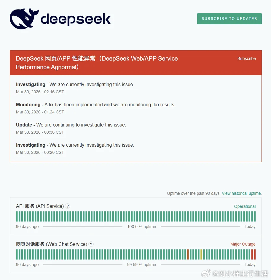 据DeepSeek官方服务状态网站显示，其网页及APP服务出现重大中断。事件时间