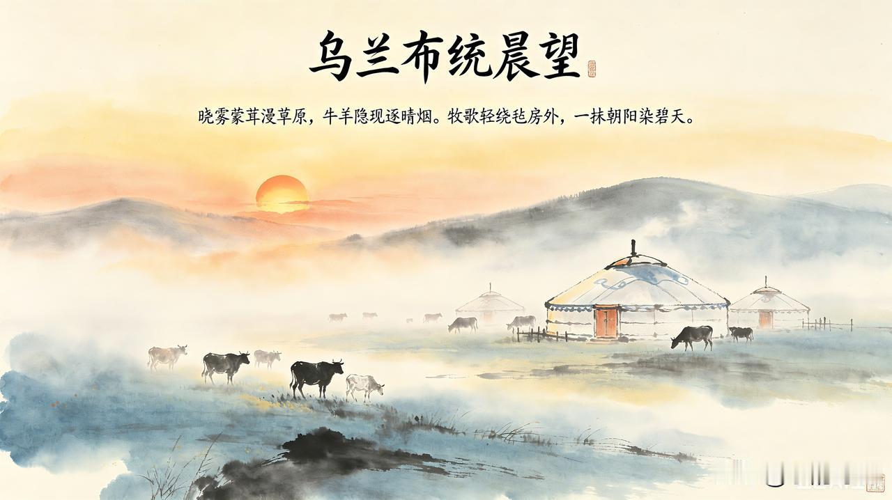 《乌兰布统晨望》乐韵诗心原创诗词:
晓雾氤氲漫草原，
牛羊隐现逐翠烟。
牧歌悠扬