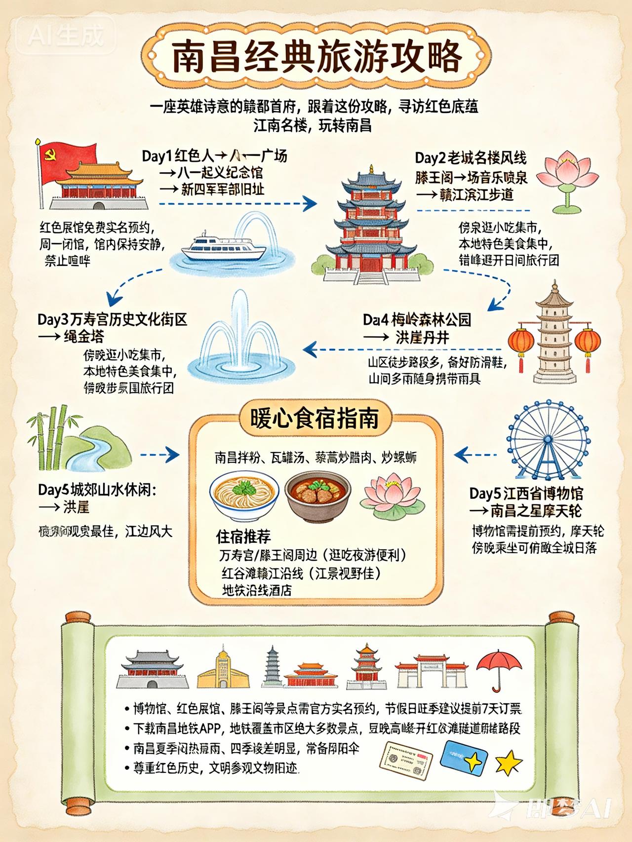去江西旅游,必去的景点有哪些?


江西南昌经典旅游攻略信息图：

Day1 红