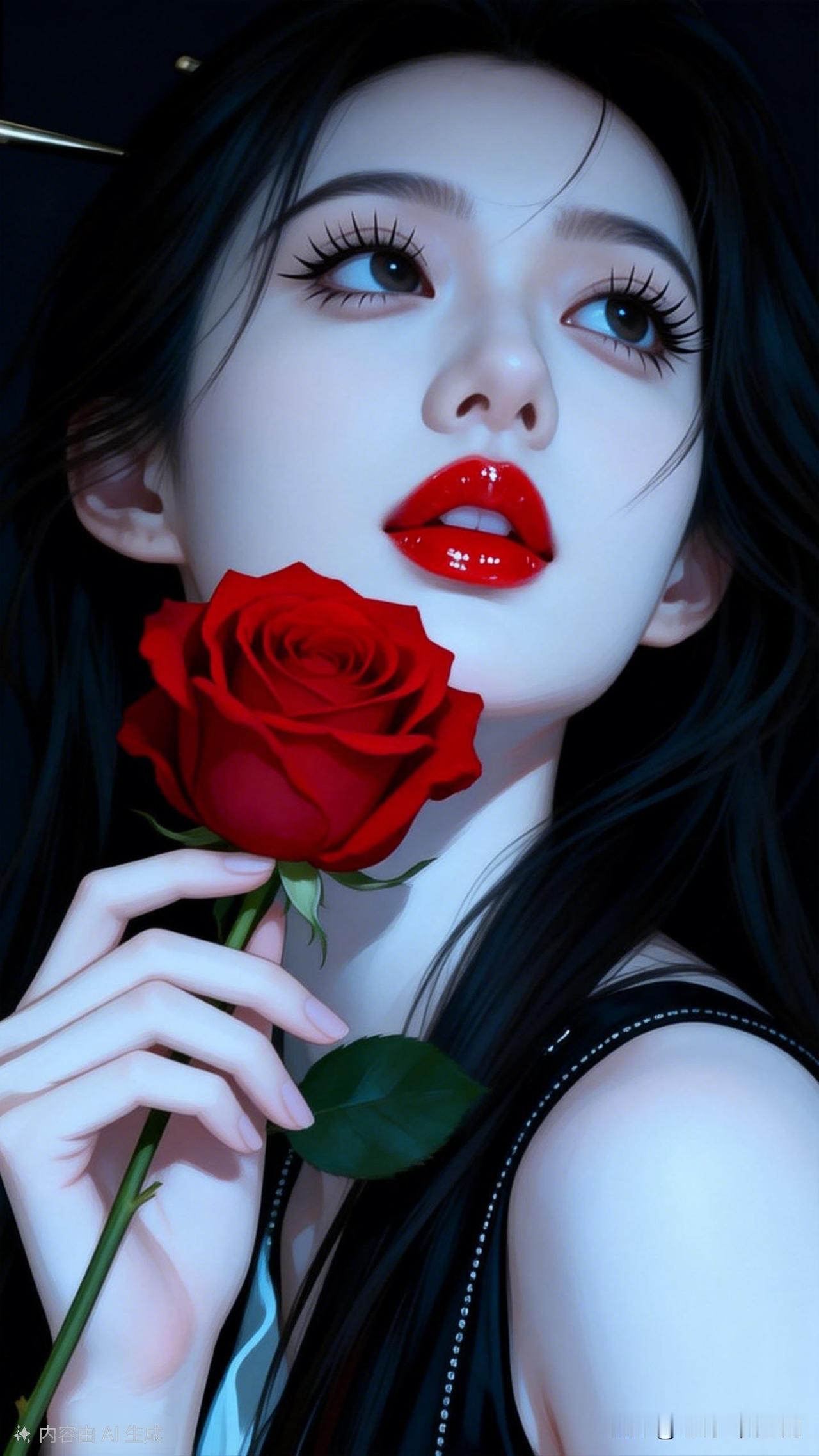 红玫瑰与黑发女郎的完美结合，诱惑力十足！🌹💋