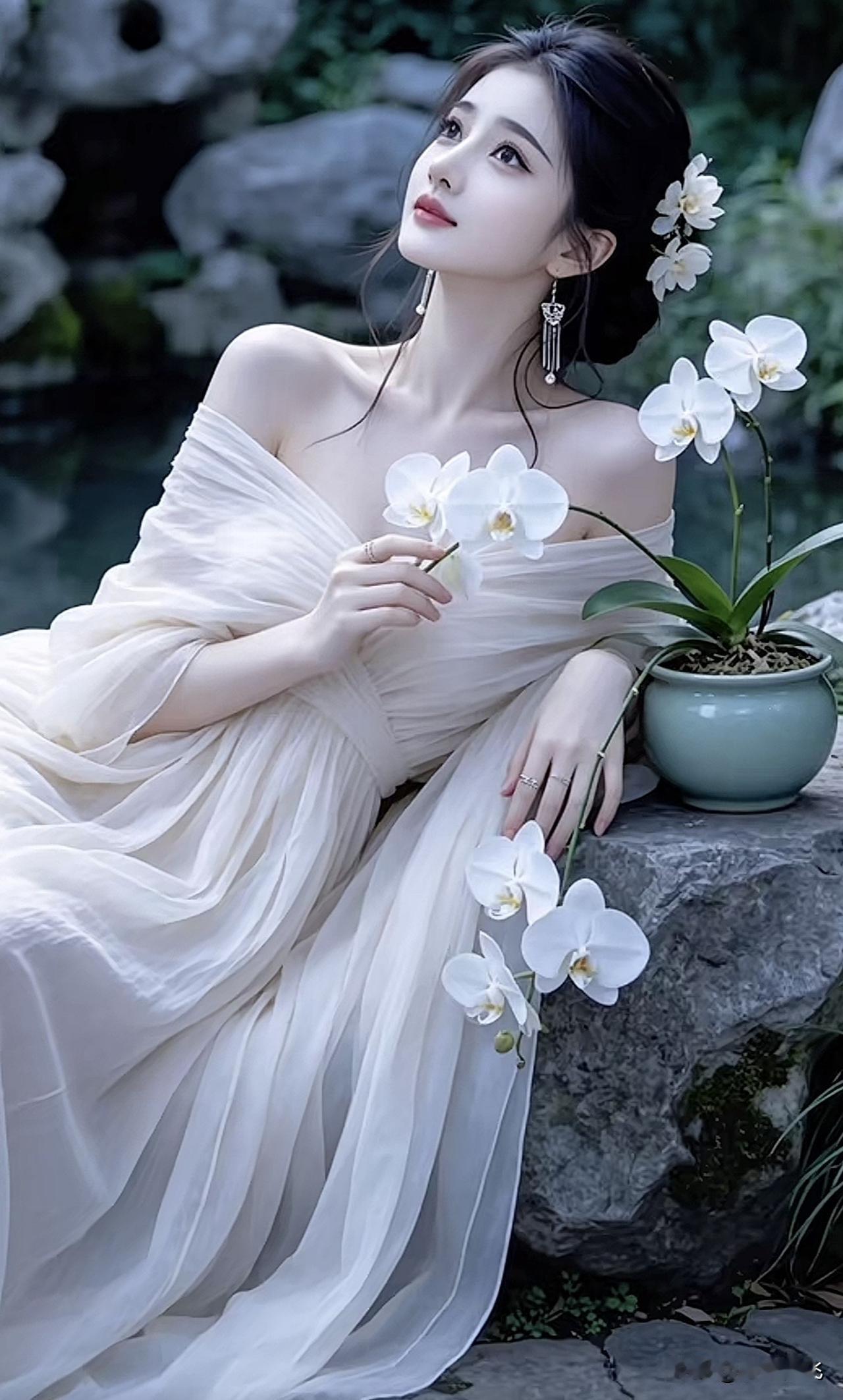 优雅白裙与盛开的兰花，宛如仙境中的梦幻少女。白裙少女风 兰花氛围感写真 梦幻花裙