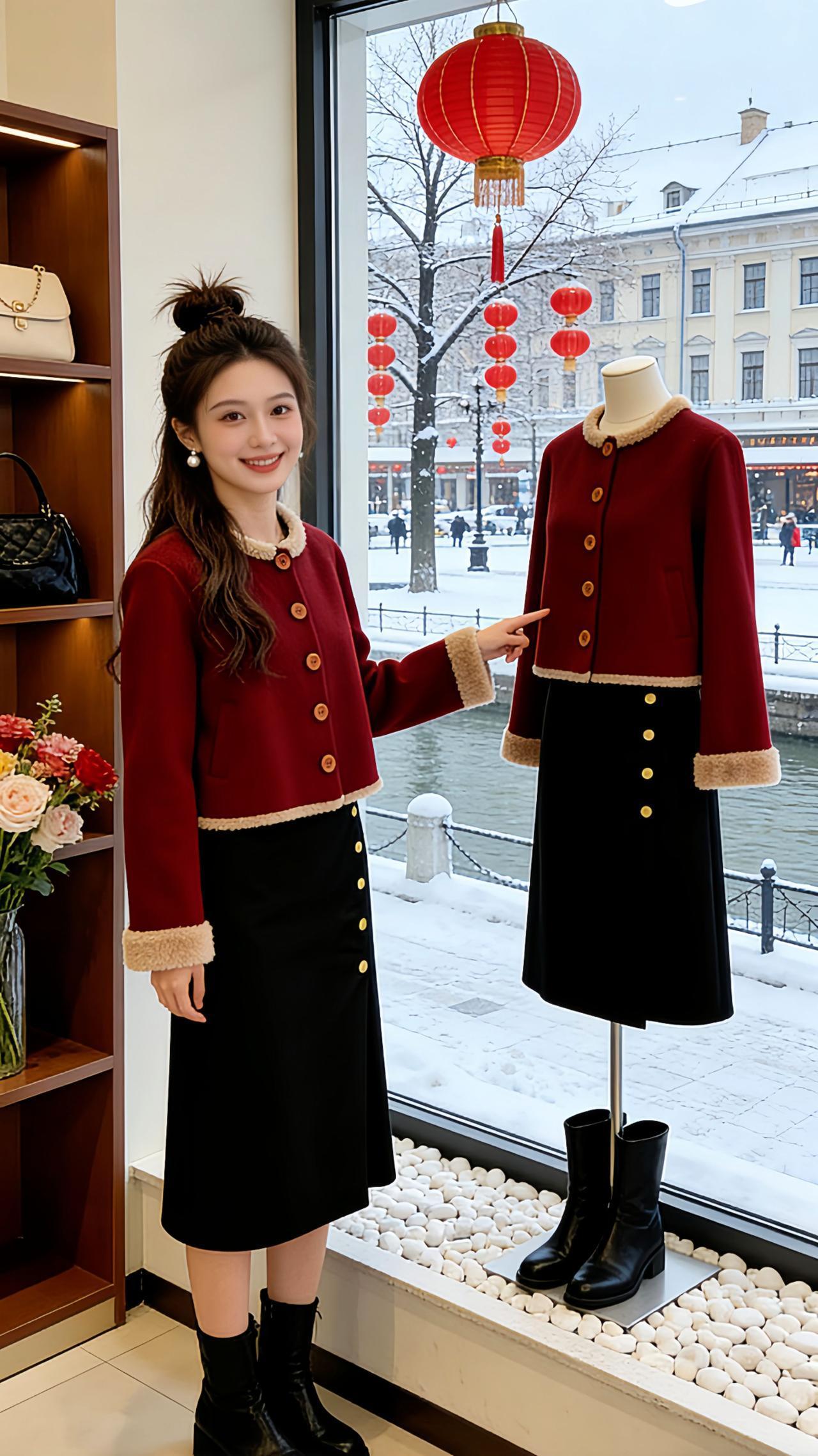 《Danny的冬日复古红黑穿搭絮语》
推开服装店的窗，雪片裹着红灯笼落在檐角，D