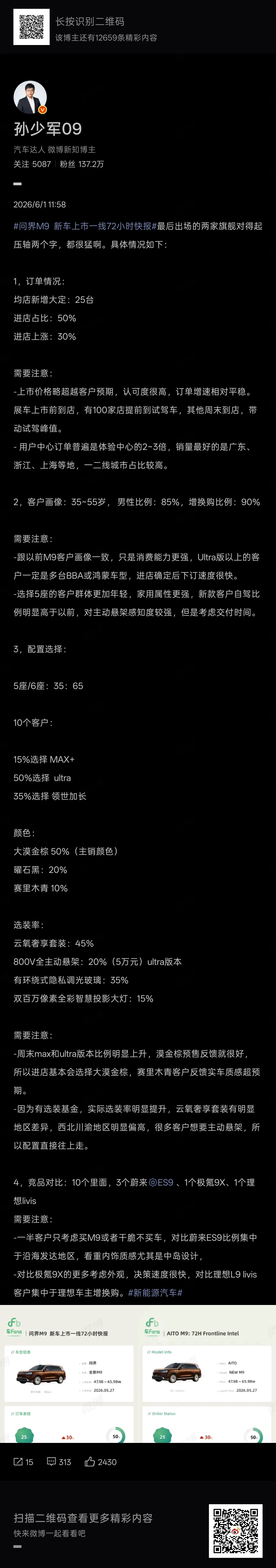 问界M9上市，孙少军快报：竞品对比：10个里面，3个蔚来ES9、1个极氪9X、1
