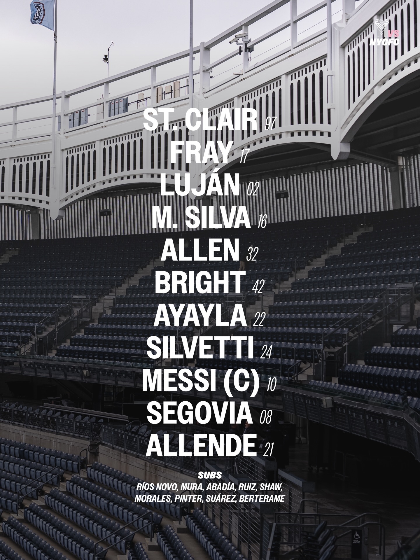 迈阿密国际做客纽约城首发出炉，梅西领衔！📋⚡️完整首发：97-圣克莱尔、32-