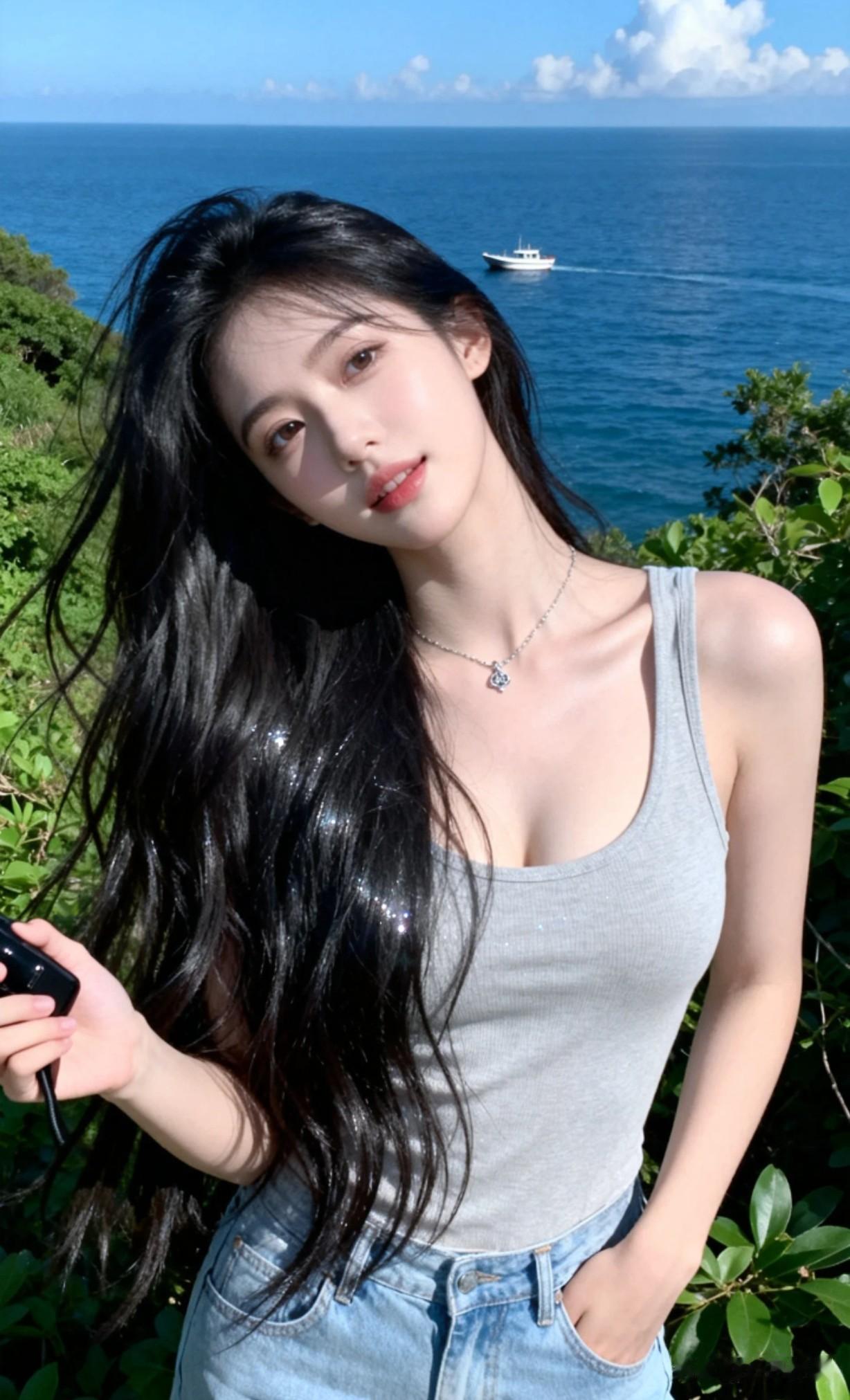 海边少女，阳光明媚，微风拂面，享受美好时光。海边温柔女神 海边元气少女