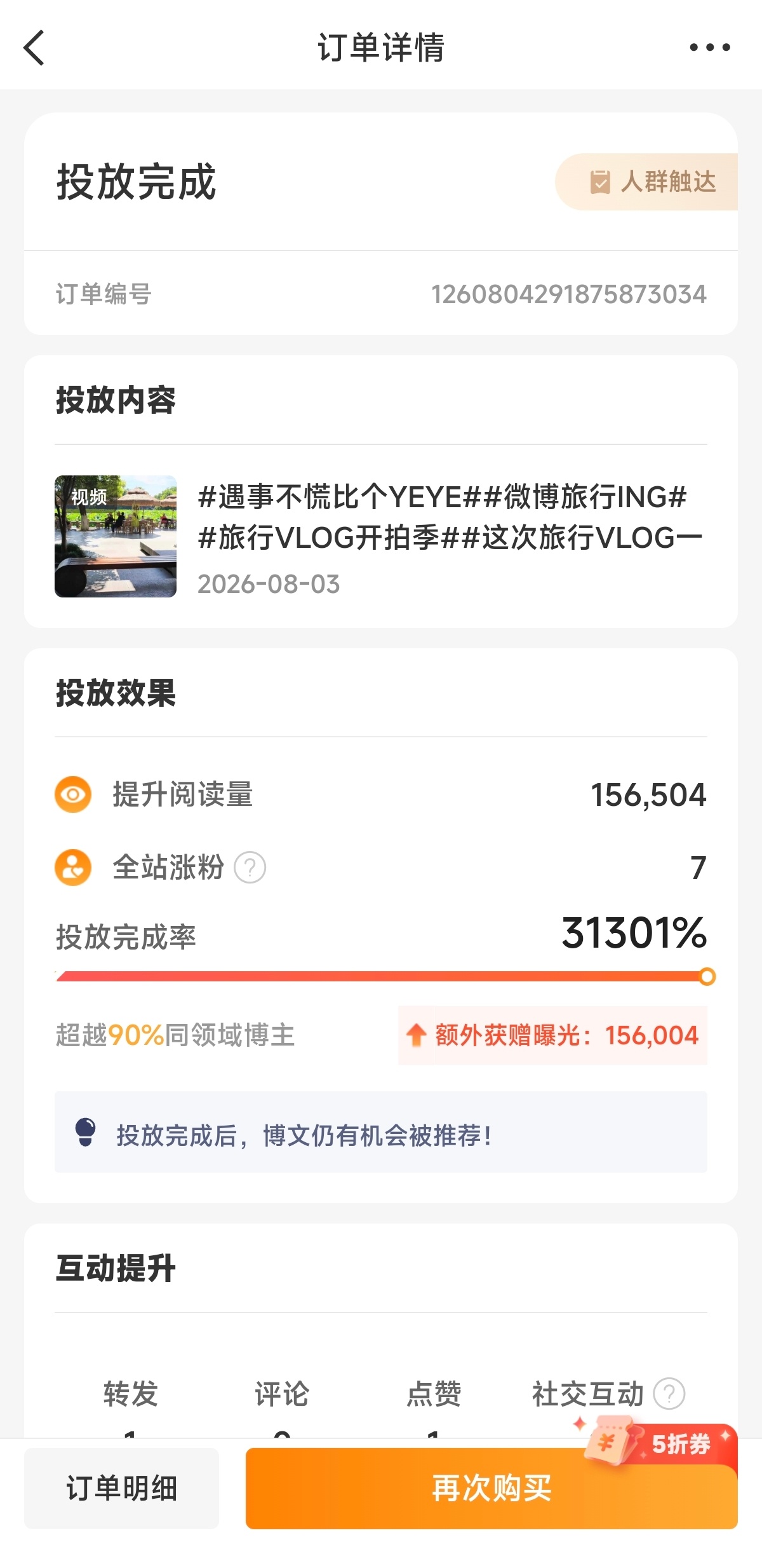 粉条投放凡尔赛 投入2.5元+粉条五折优惠券，选了人群触达，投放完成率31301