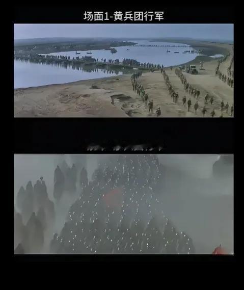 今天看到大决战里黄维兵团和廖耀湘兵团的行军画面。
军容森严，步履整齐，杀气腾腾啊