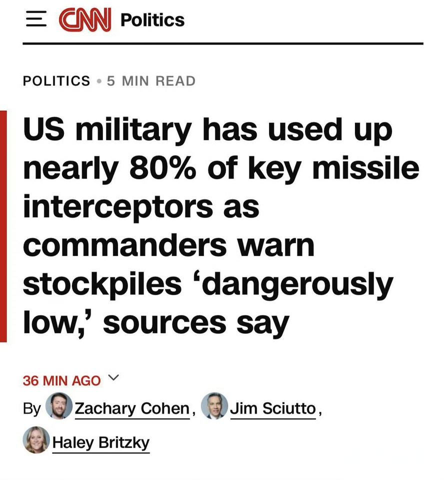 美国有线电视新闻网（CNN）报道称，美军在对伊战争中，迄今为止已消耗了80％的萨