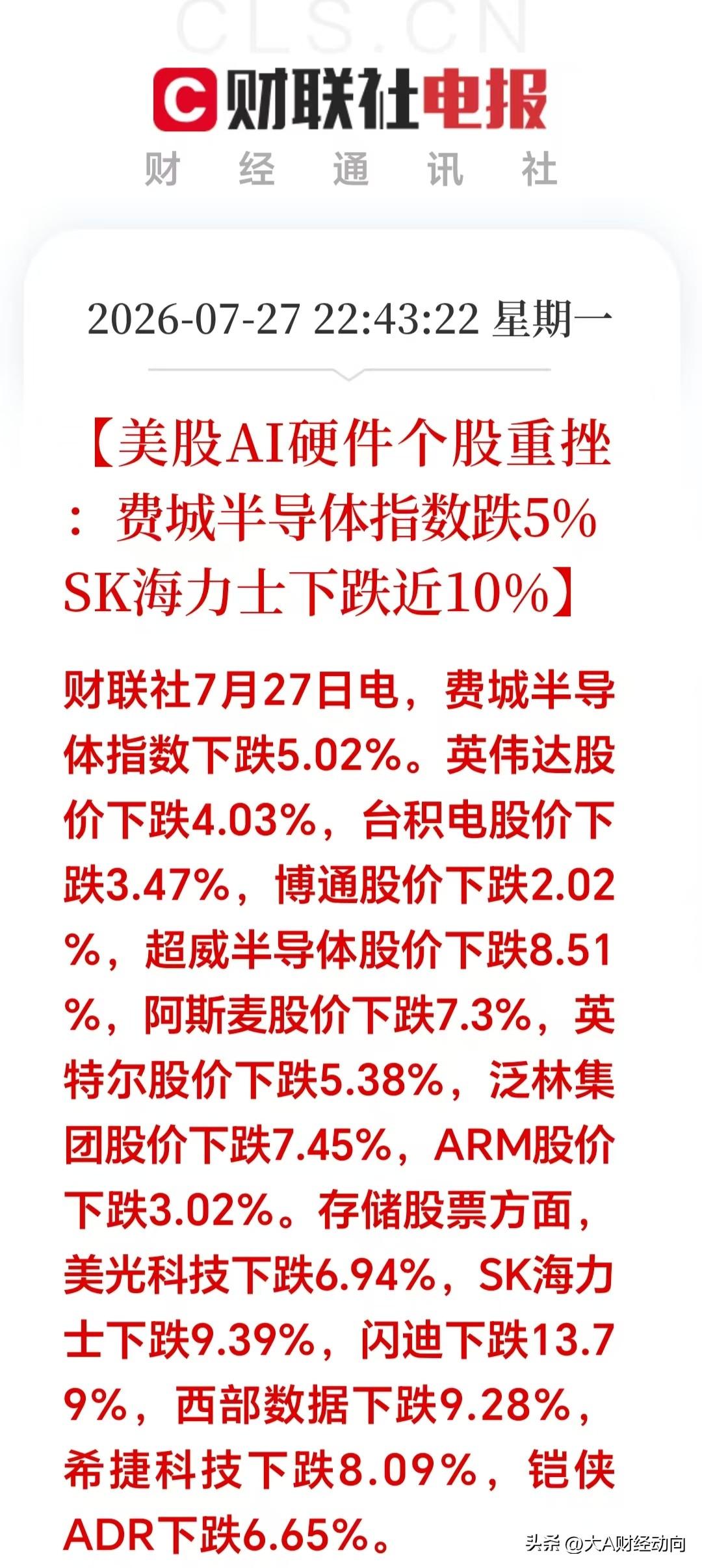 一觉醒来，不对劲，美股深夜：科技芯片半导体全线下挫，估计持有半导体的朋友明天早盘
