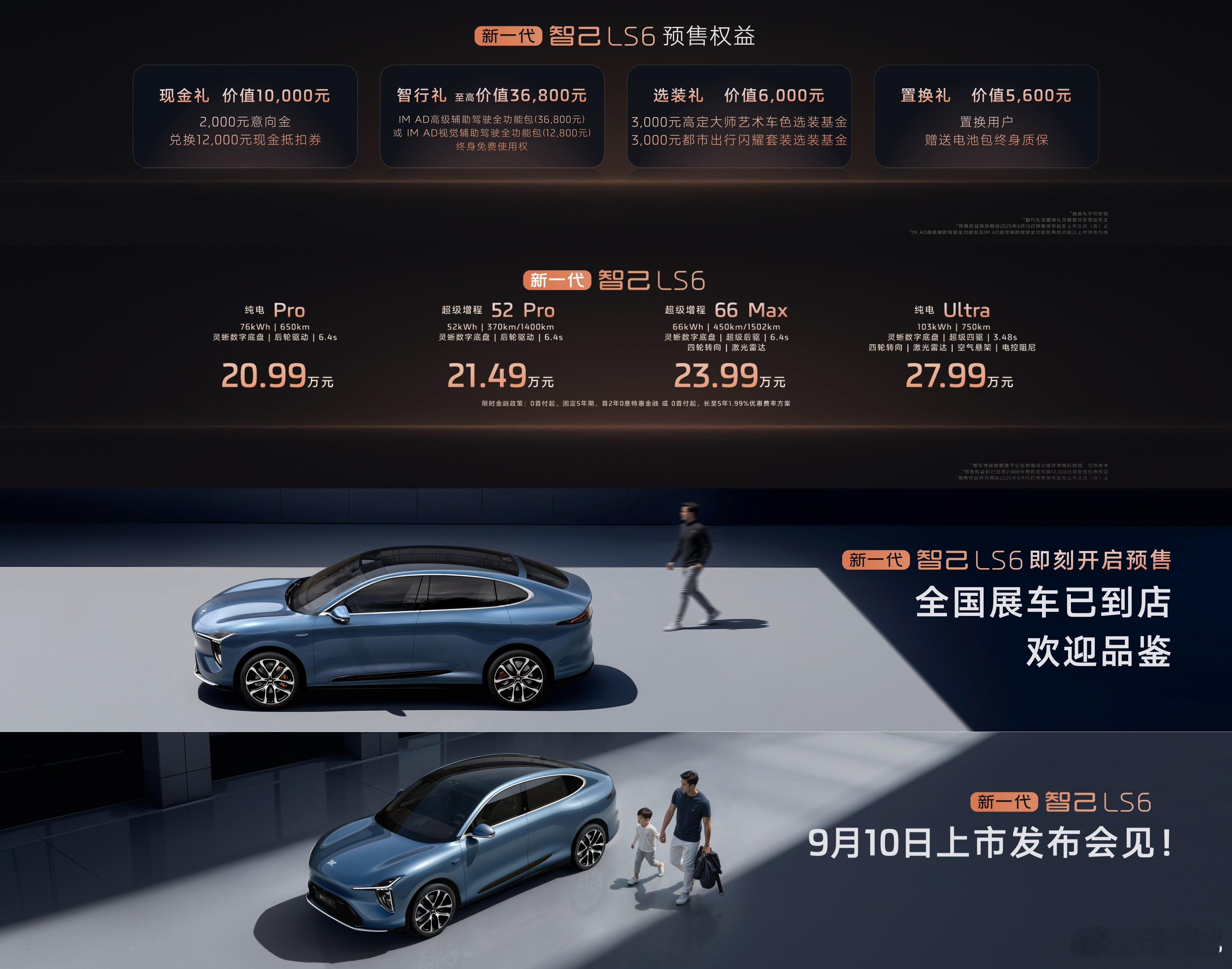全新智己LS6 开启预售，纯电版本和增程版本各自推出两个版型，二者的预售价区间分