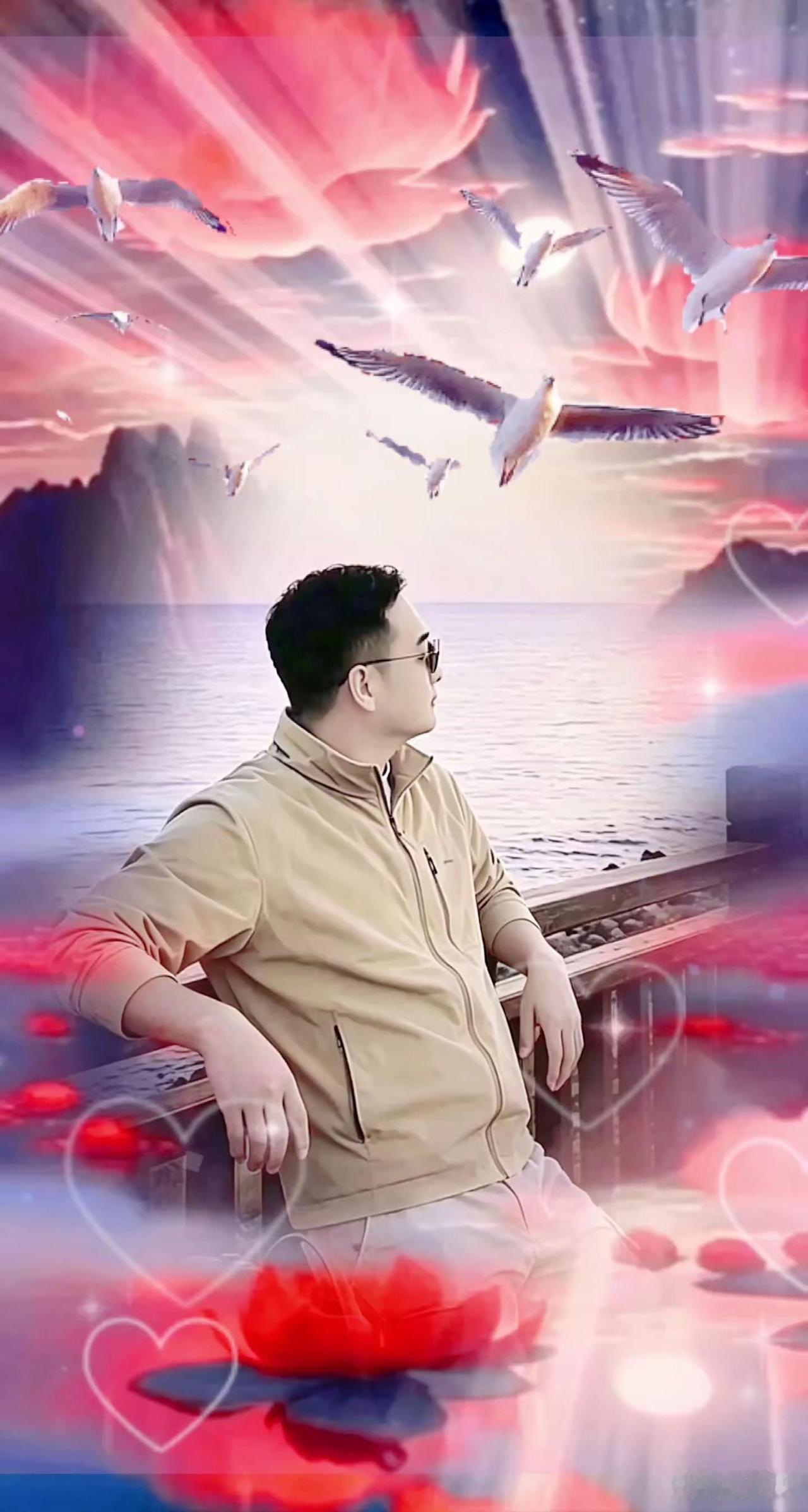 静观潮起潮落笑看云卷云舒 夕阳坠湖云霞满天 观海听涛悟古今