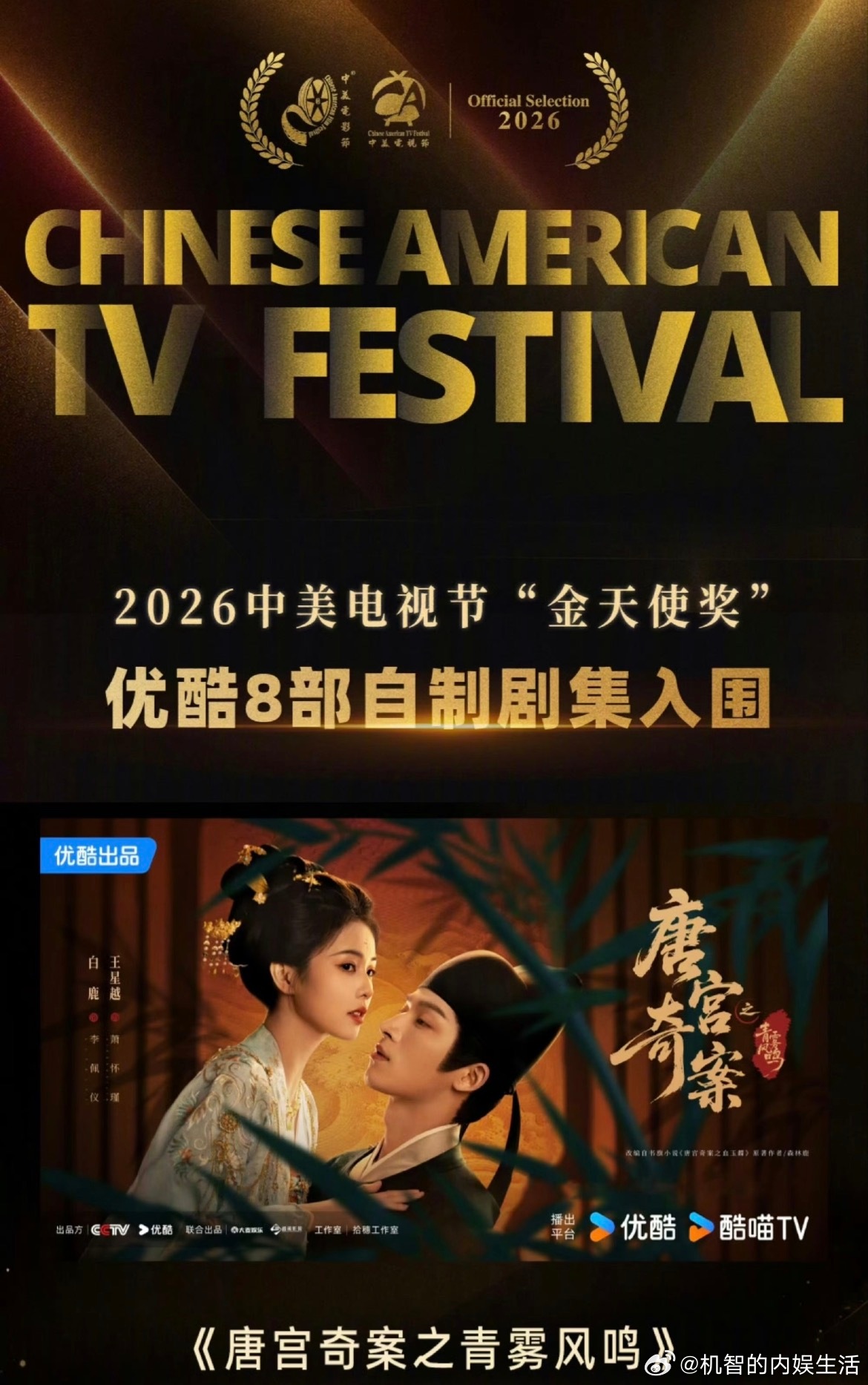 白鹿主演的大女主传奇探案剧《唐宫奇案之青雾风鸣》入围中美电视节。是了不起的伟大的
