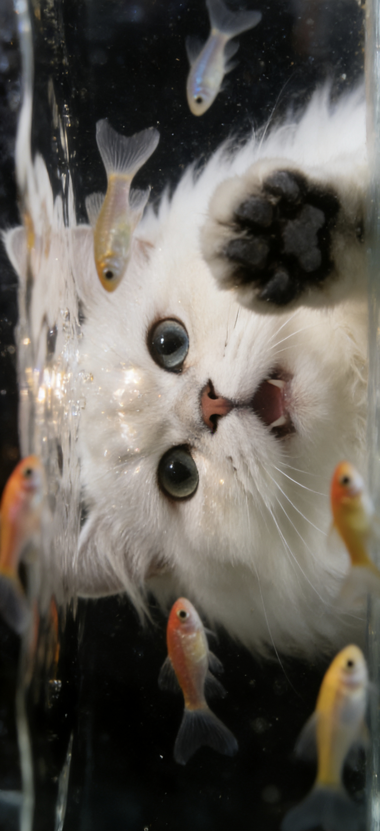 手机壁纸 | 猫咪和小鱼猫：小鱼小鱼快游过来让我rua一下