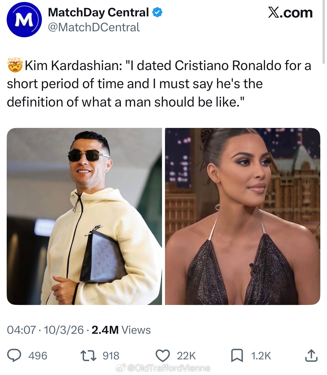 金卡戴珊在采访中说曾经和C罗短暂约会过，评价其：优秀男人的代名词