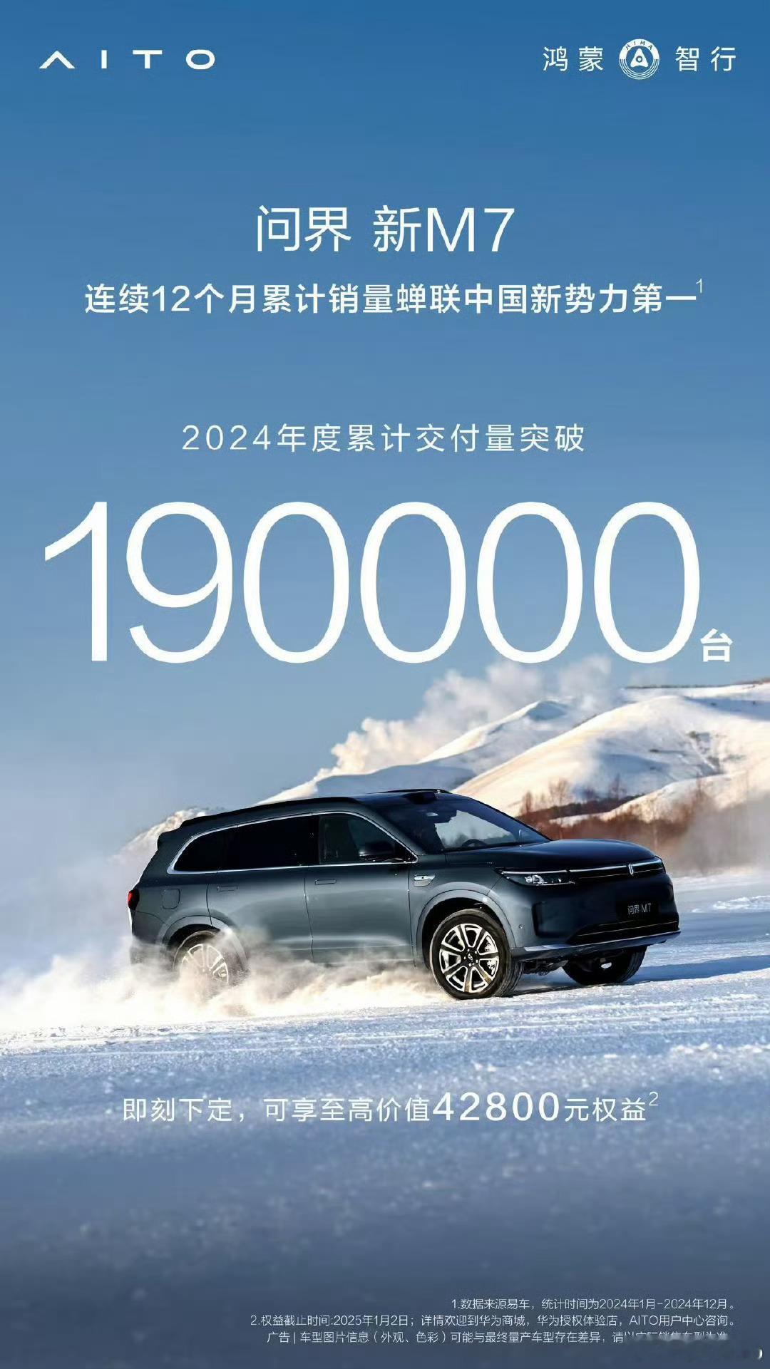 【每人Auto｜鸿蒙智行问界新M7汽车2024年度累计交付量突破19万辆】12月