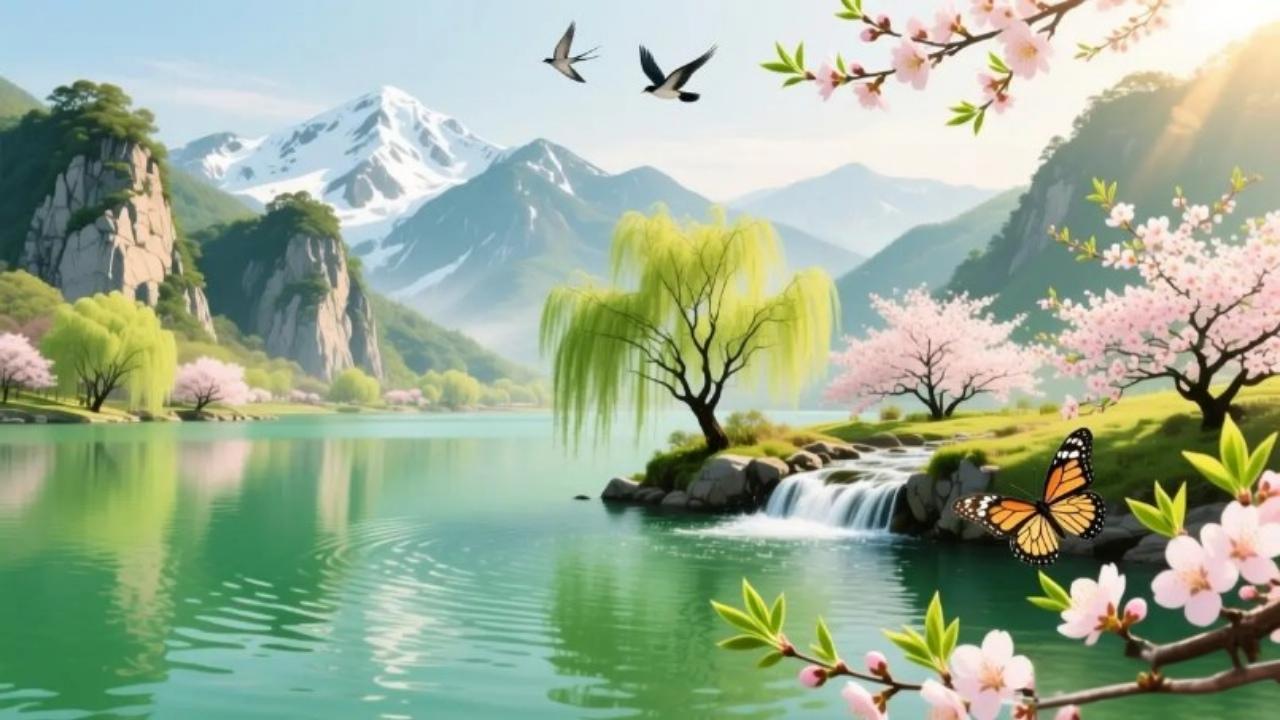 上联：冬去山明水秀，
下联：春来鸟语花香。