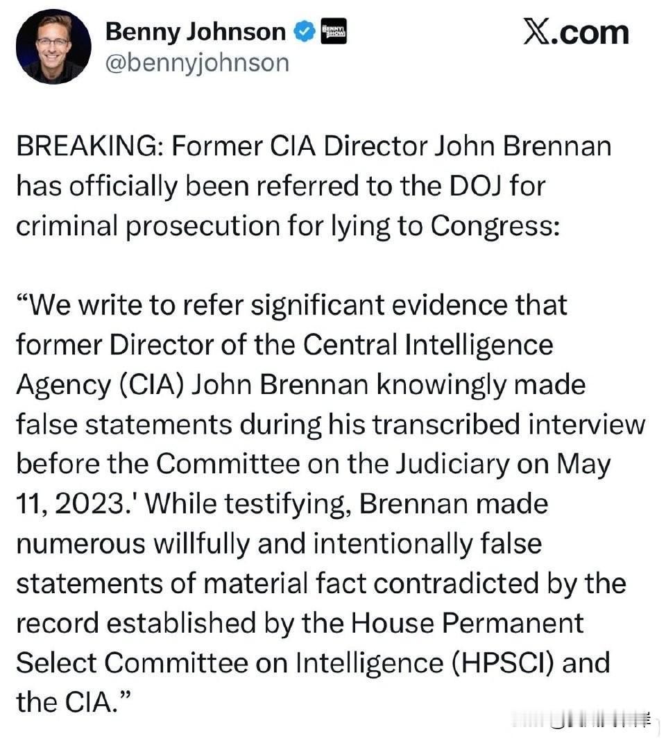 突发消息：前中央情报局（CIA）局长John Brennan已被正式移交司法部，
