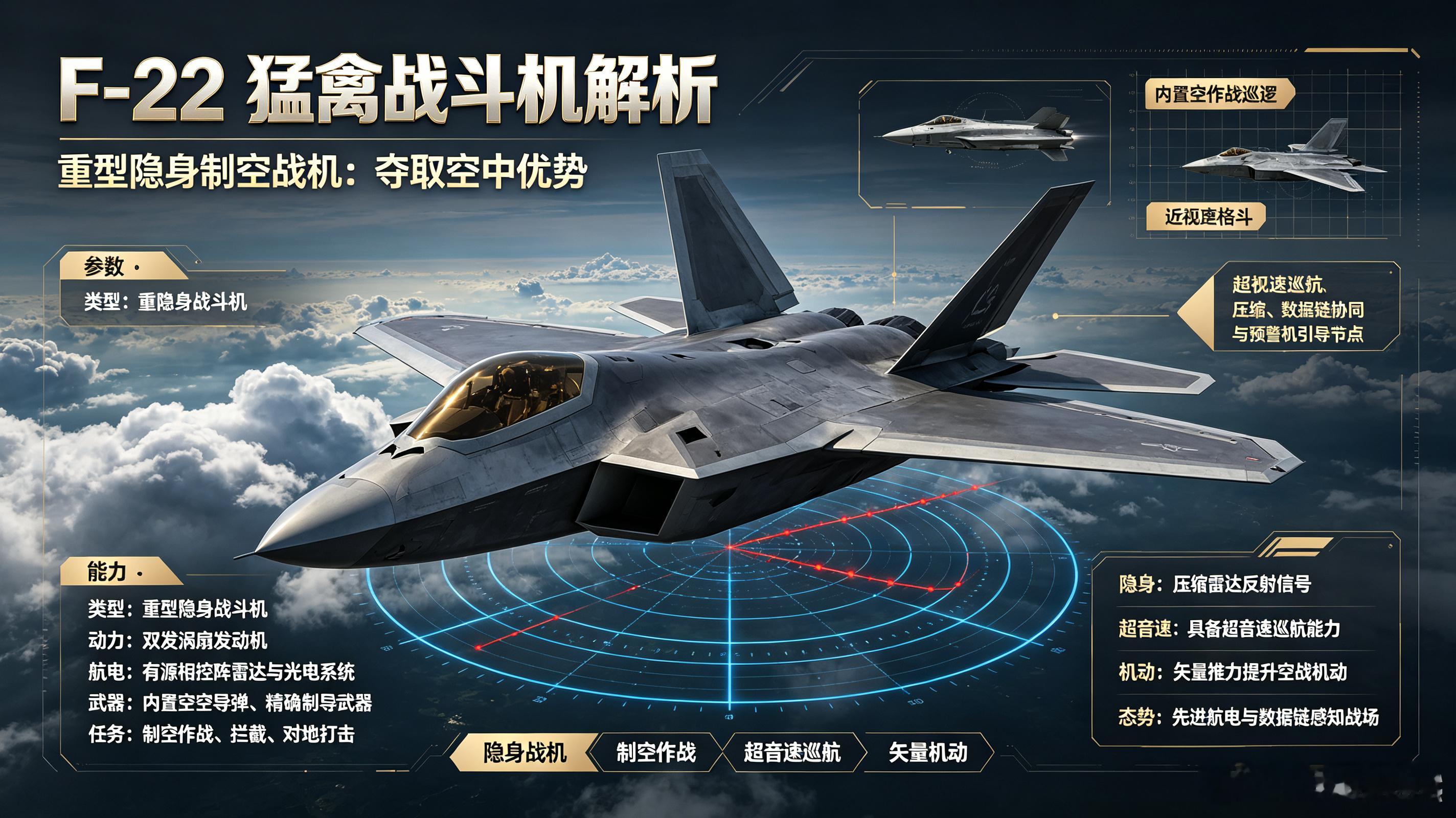 F-22猛禽，美军重型隐身制空战斗机。内置弹舱、双发涡扇、矢量喷口与先进航电结合