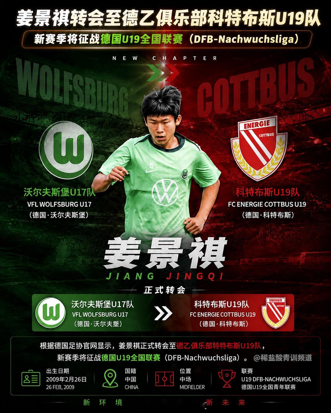 🇨🇳中国球员姜景祺完成转会｜从沃尔夫斯堡U17加盟科特布斯U19，新赛季征战