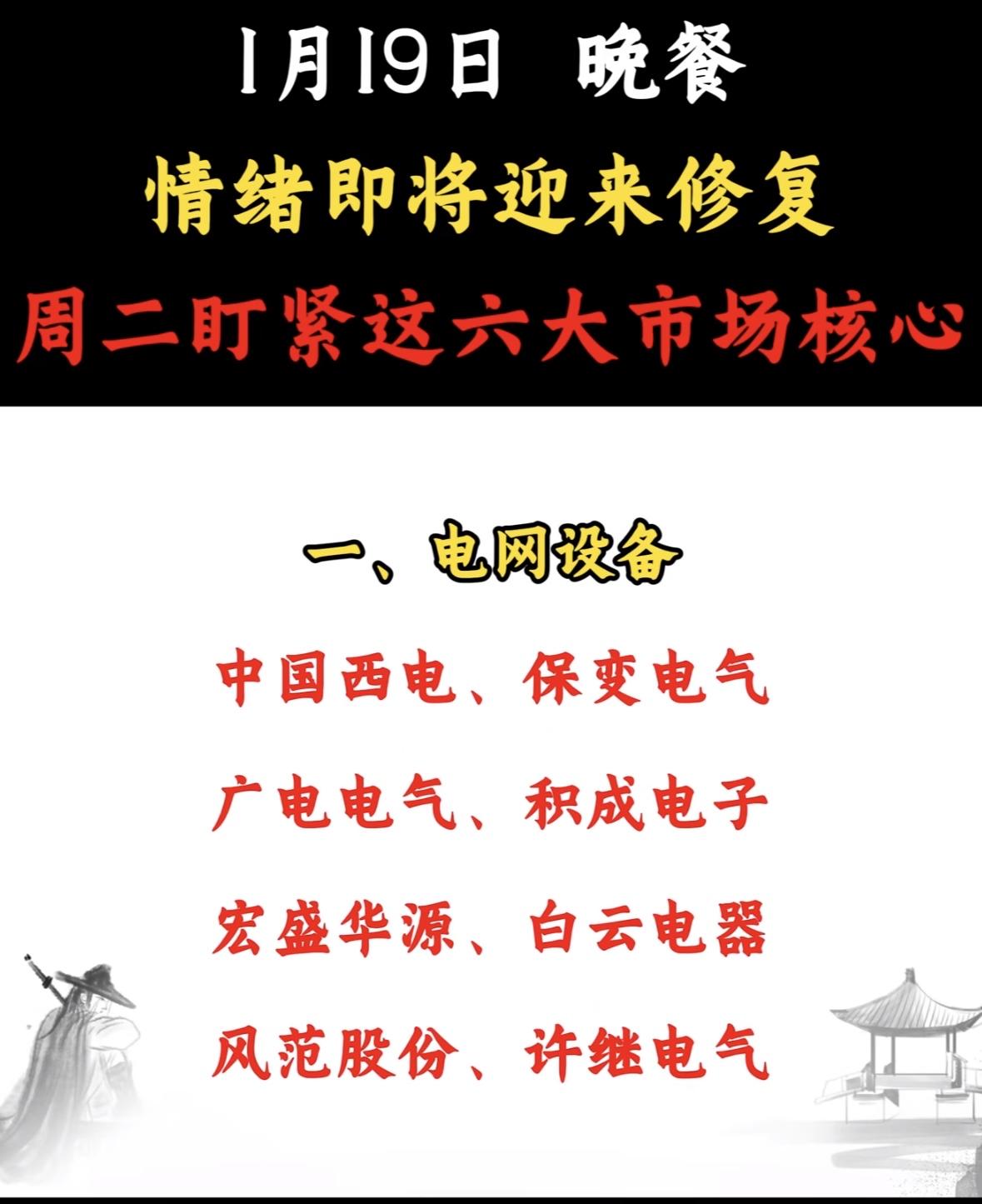 1月19日晚餐，情绪修复计划。

"电网设备板块情绪回暖，西电、保变等龙头受关注