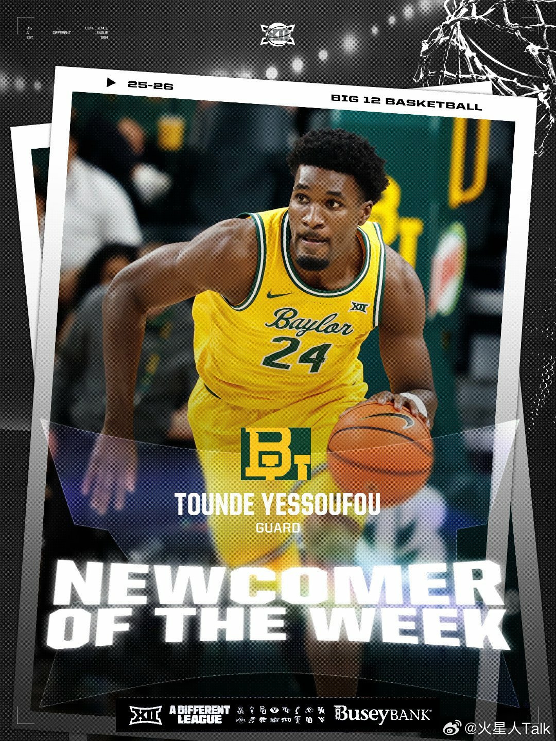 Big 12联盟第18周表现奖（2025-2026赛季）。NCAA男篮最佳球员：