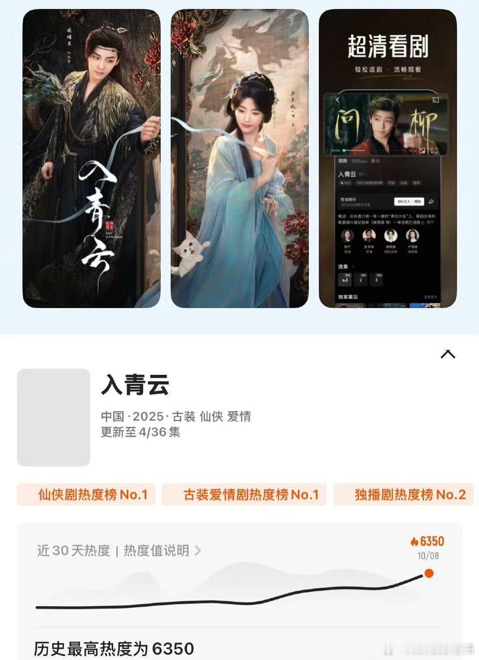 入青云热度入青云今天看了点，还可以的，剧情比较轻快，前几集男女主互动也挺好玩的，