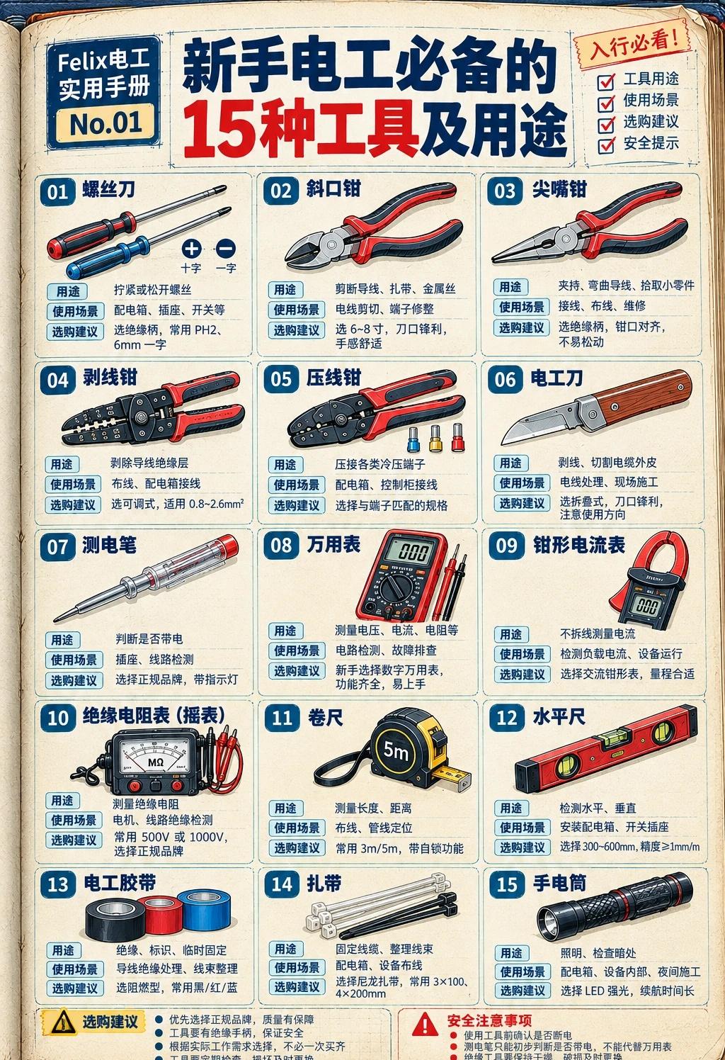 新手电工必备15种工具🔧入行收藏
📚 Felix电工实用技术手册 No.01