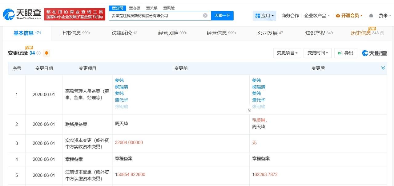 楚江新材增资至约16.2亿

天眼查App显示，近日，楚江新材（002171）发