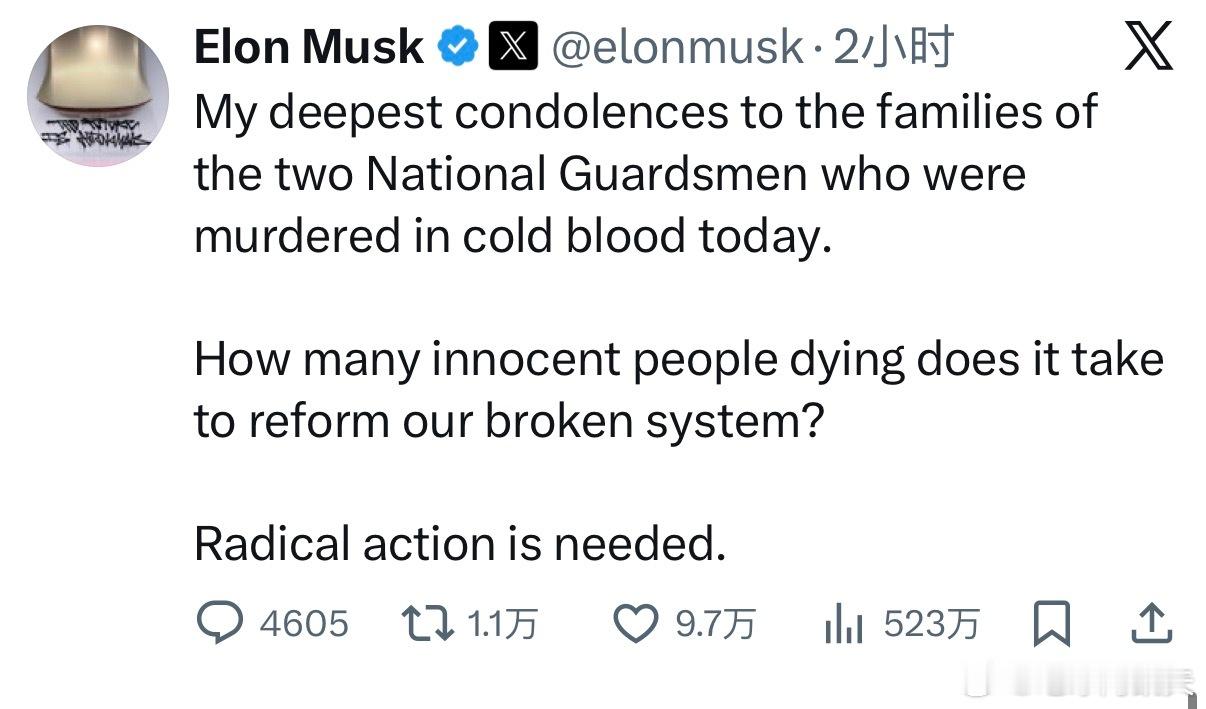 ‼️国民警卫队遭枪击，马斯克发帖：“我向今天惨遭冷血谋杀的两名国民警卫队员的家属