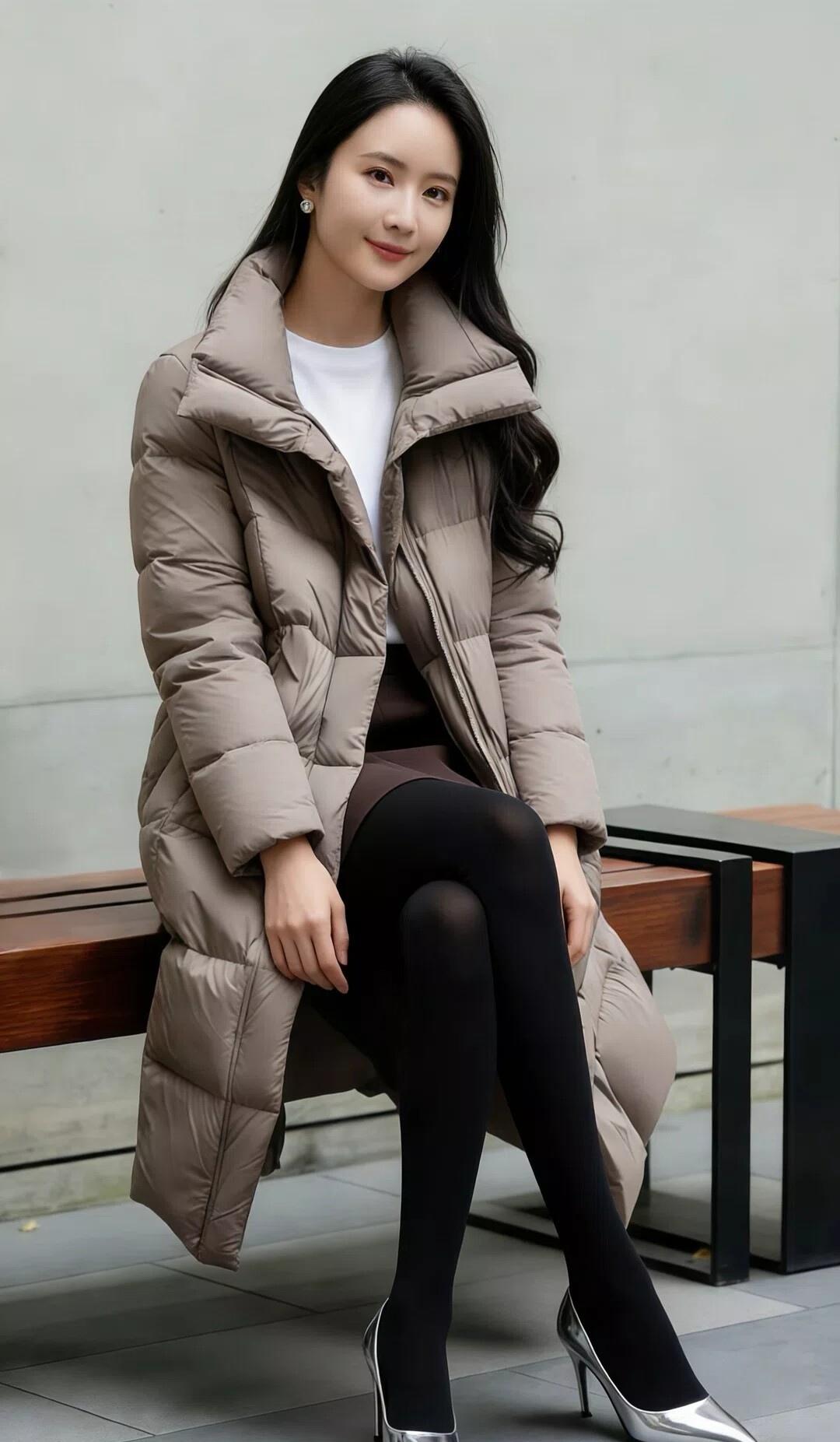 卡其色羽绒服裹住冬日的温柔，白衫与黑丝衬出利落的精致，银色高跟踩碎寒意，在街角的