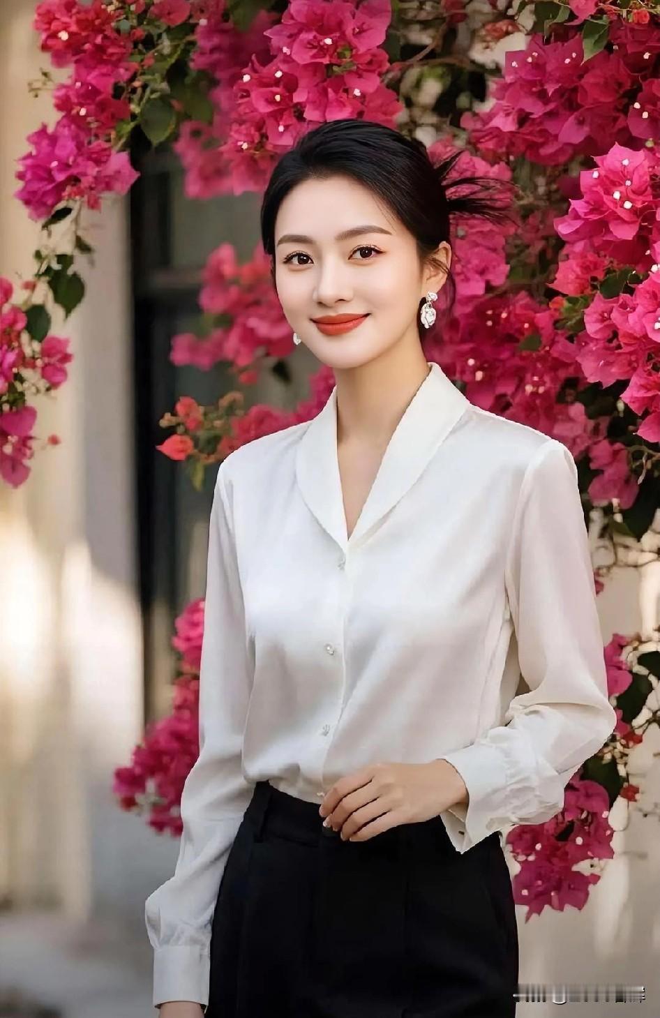 白衫黑裤，花影满身，温柔自有力量。