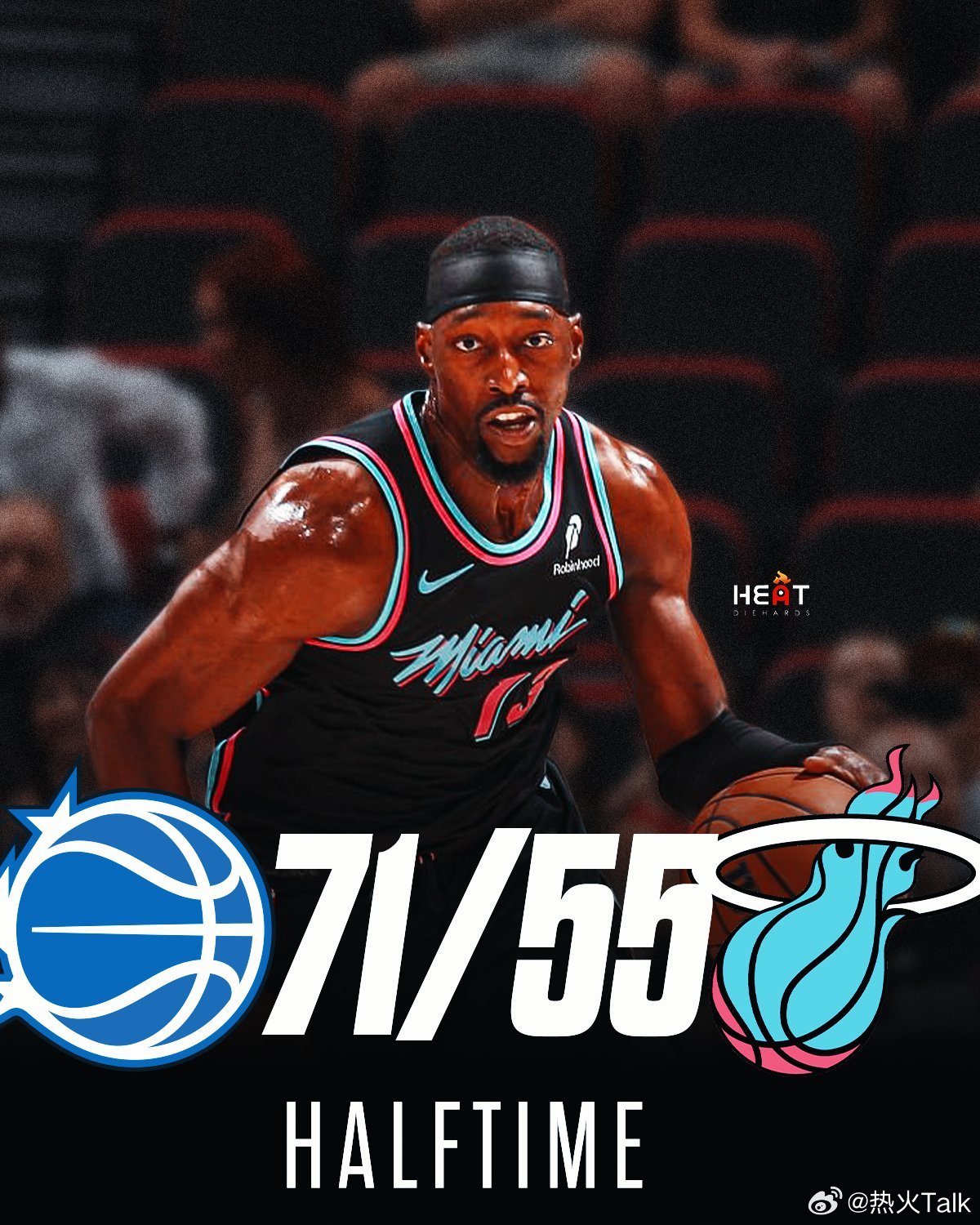 半场结束，热火落后16分。真是一点办法都没有魔术vs热火nba常规赛