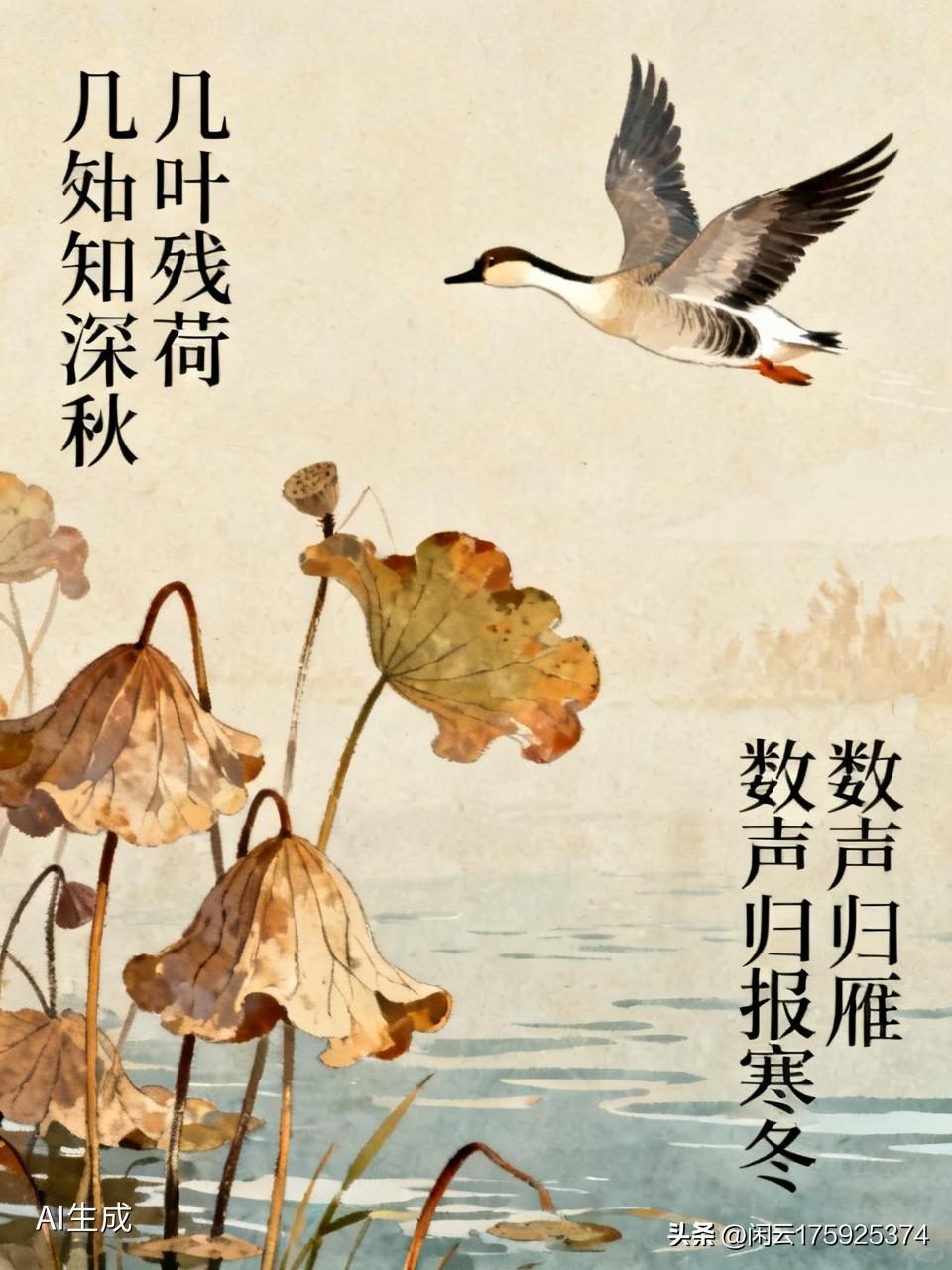 上联：几叶残荷知深秋，诚邀下联，，数声归雁报寒冬！[微风]