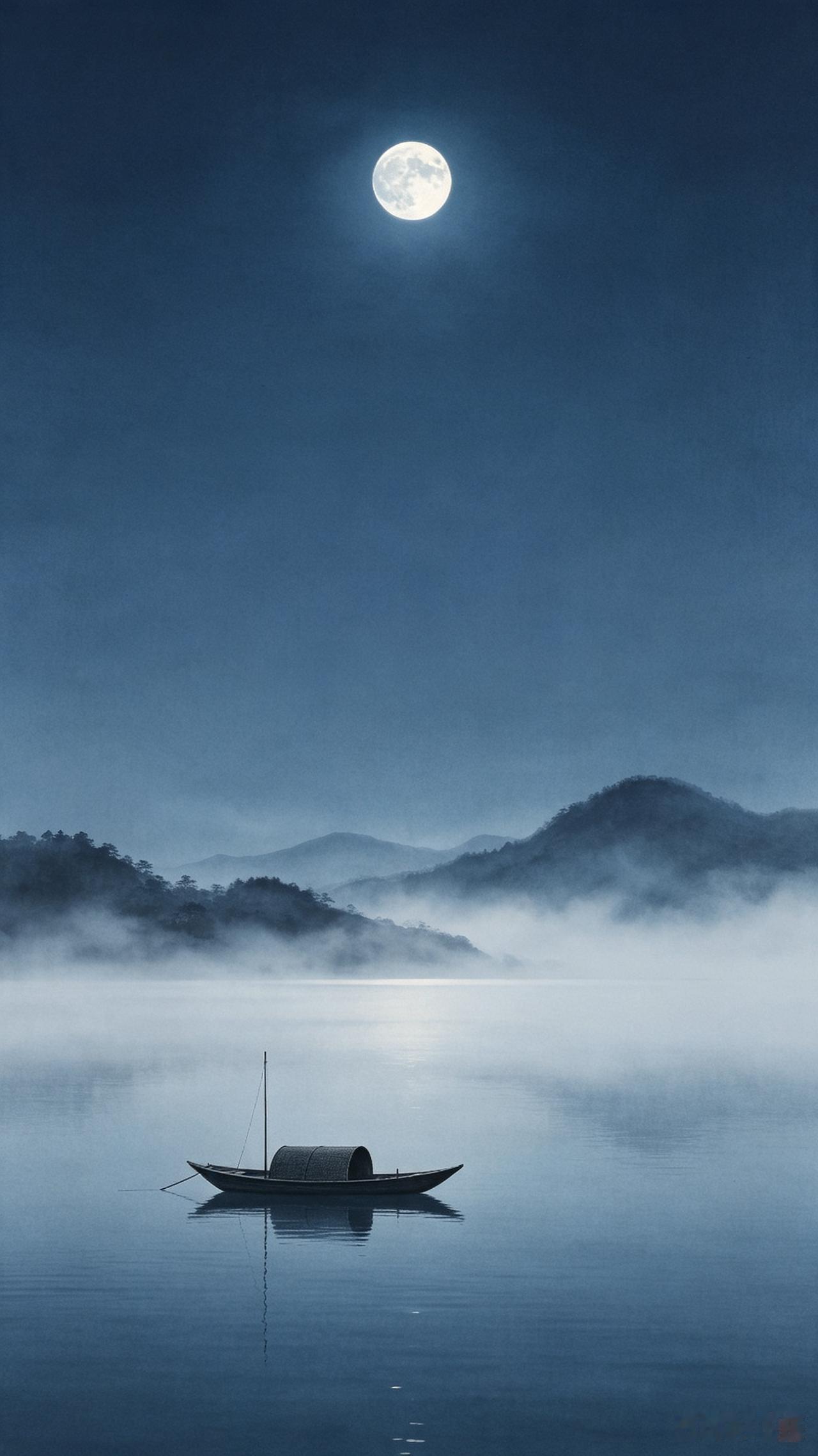 月夜孤舟
 
一轮明月照江洲，浩渺烟波静自流。
远岸朦胧藏树影，清辉澹澹覆轻舟。